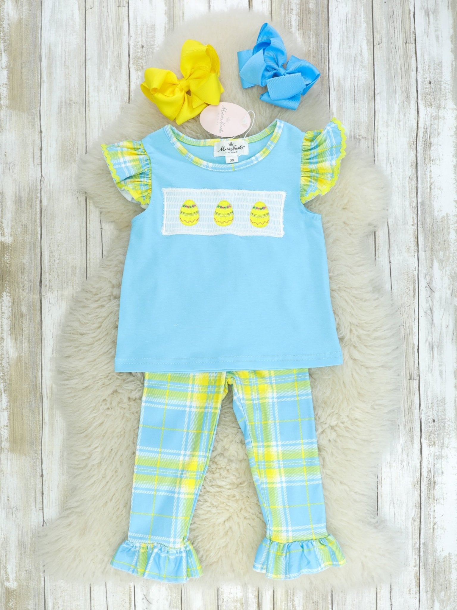 Blue, Green, & Yellow Plaid Easter Egg Smocked Ruffle Outfit - Marie Nicole Clothing