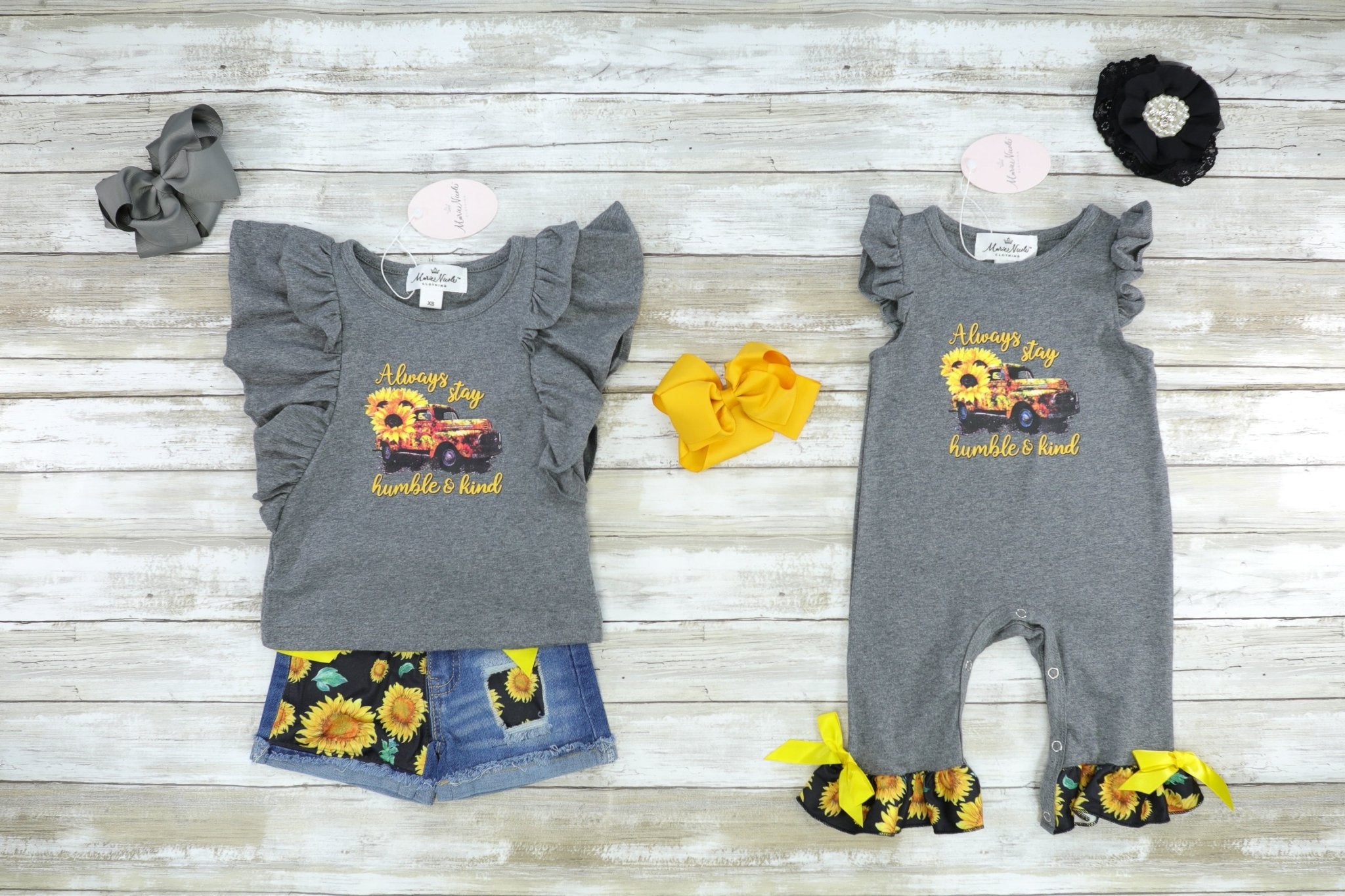 Always Stay Humble & Kind Sunflower Ruffle Romper - Marie Nicole Clothing