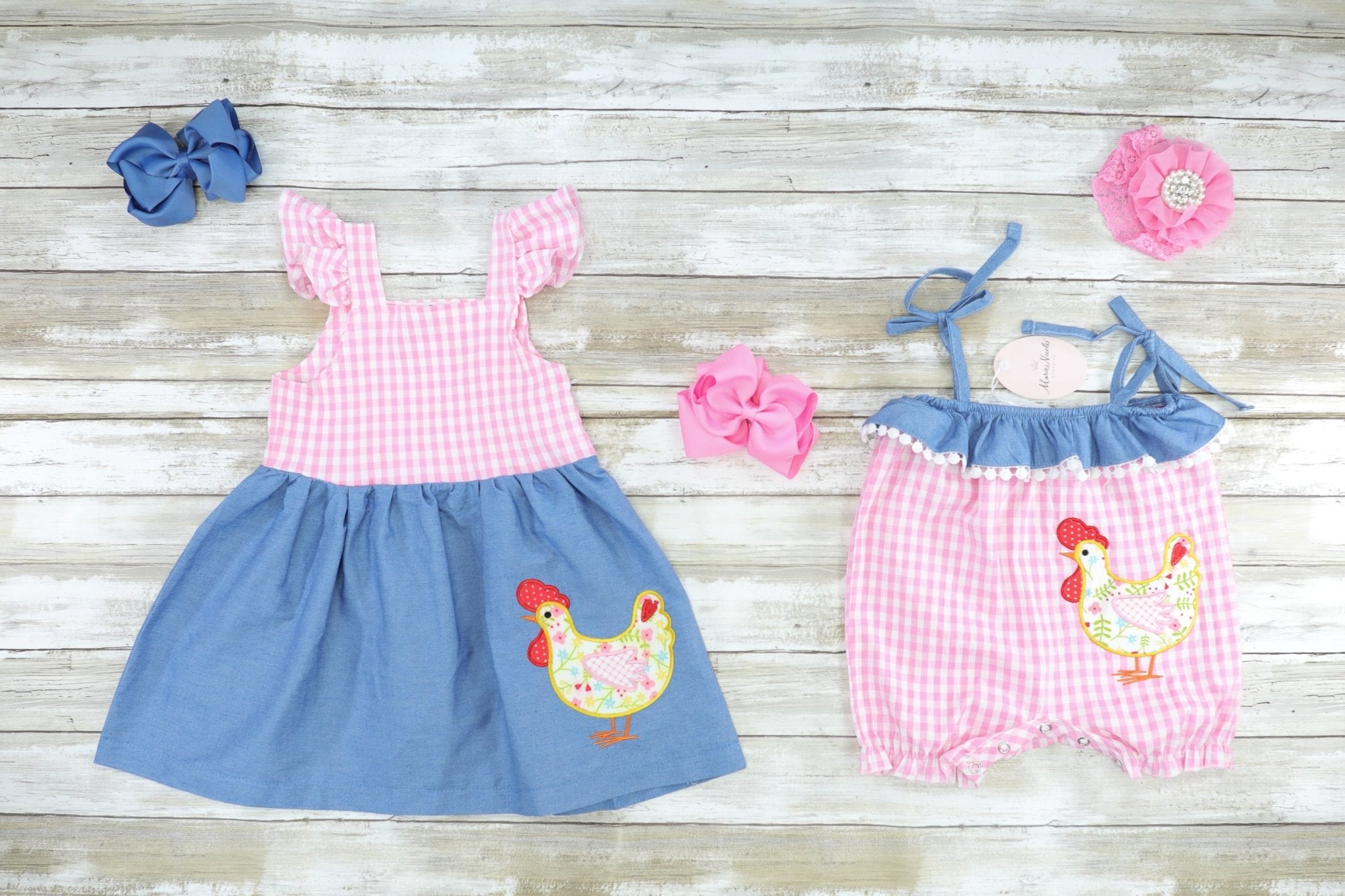 Pink Checked & Chambray Chicken Dress - Marie Nicole Clothing