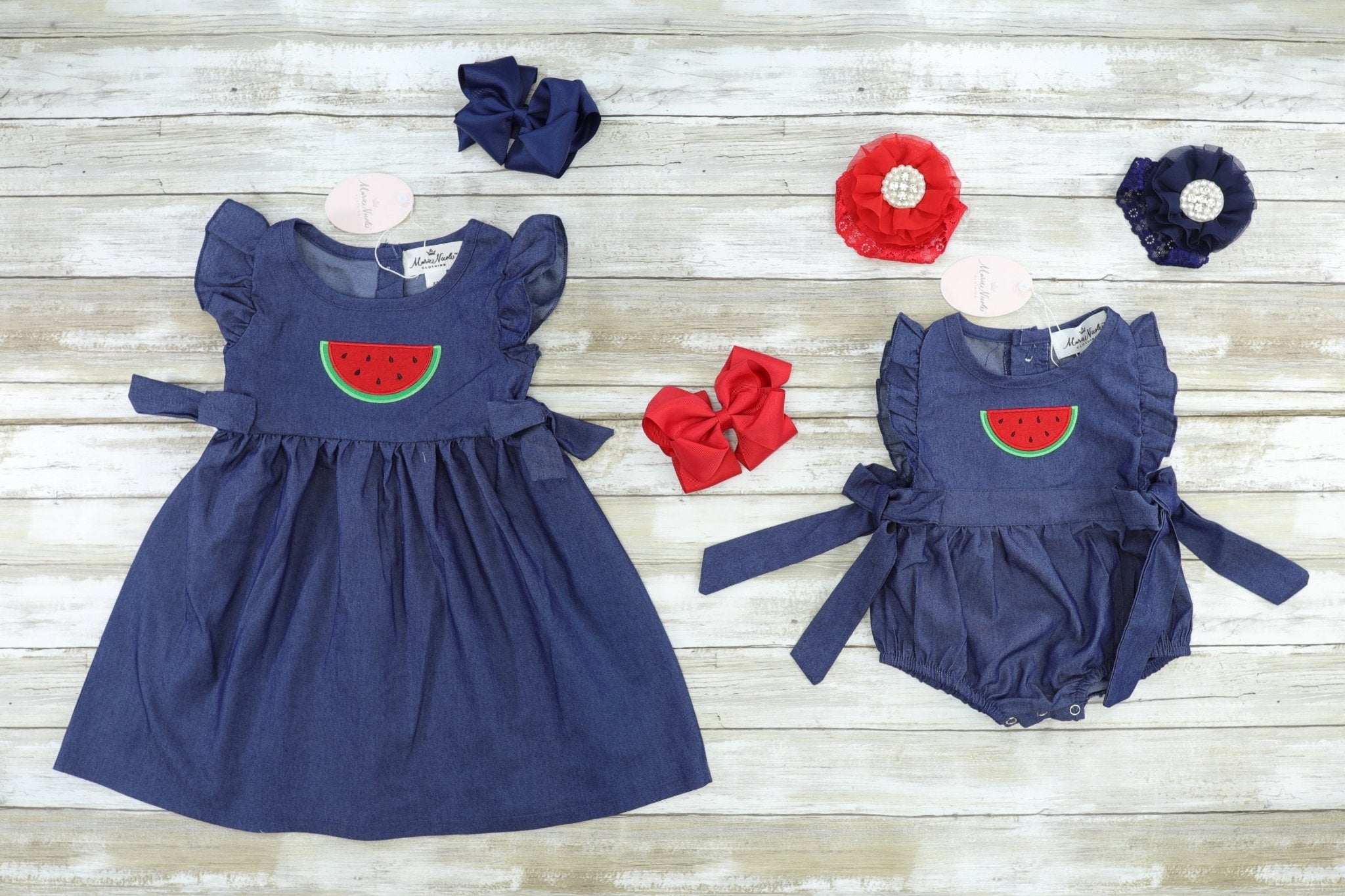 Chambray Watermelon Ruffle Bow Dress - Marie Nicole Clothing