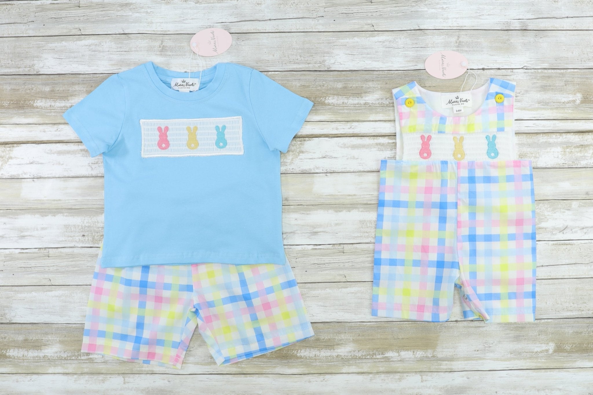 Pastel Bunny Smocked Johnny - Marie Nicole Clothing