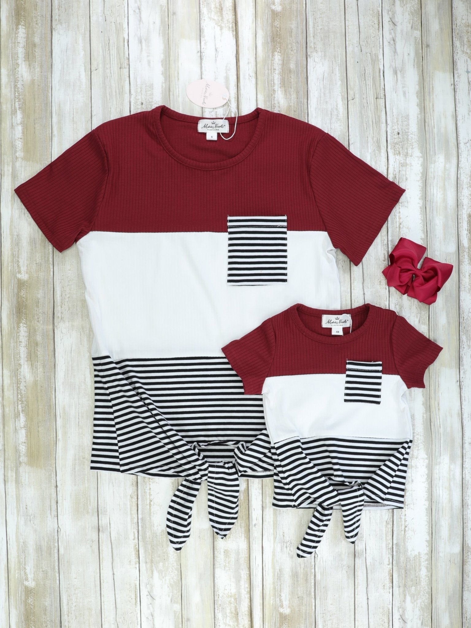 Mom & Me Burgundy, Black, White, Striped Tie Shirt - Marie Nicole Clothing