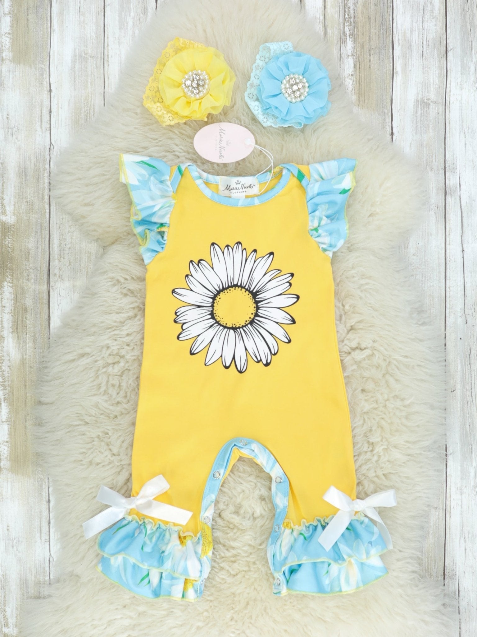 Yellow & Blue Flower Ruffle Romper - Marie Nicole Clothing