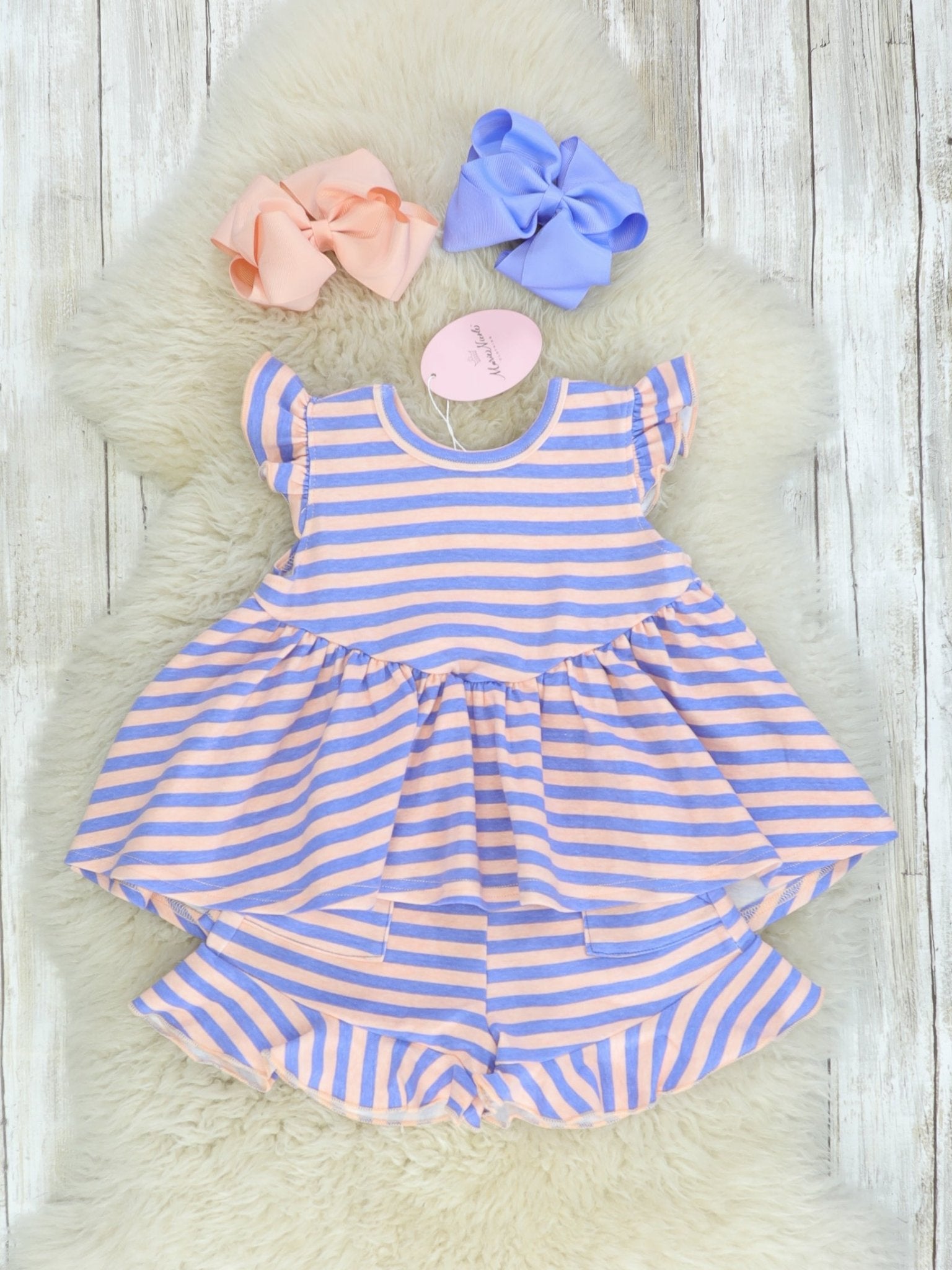 Cotton Hi - Lo Ruffle Top - Peach/Orchid Striped - Marie Nicole Clothing