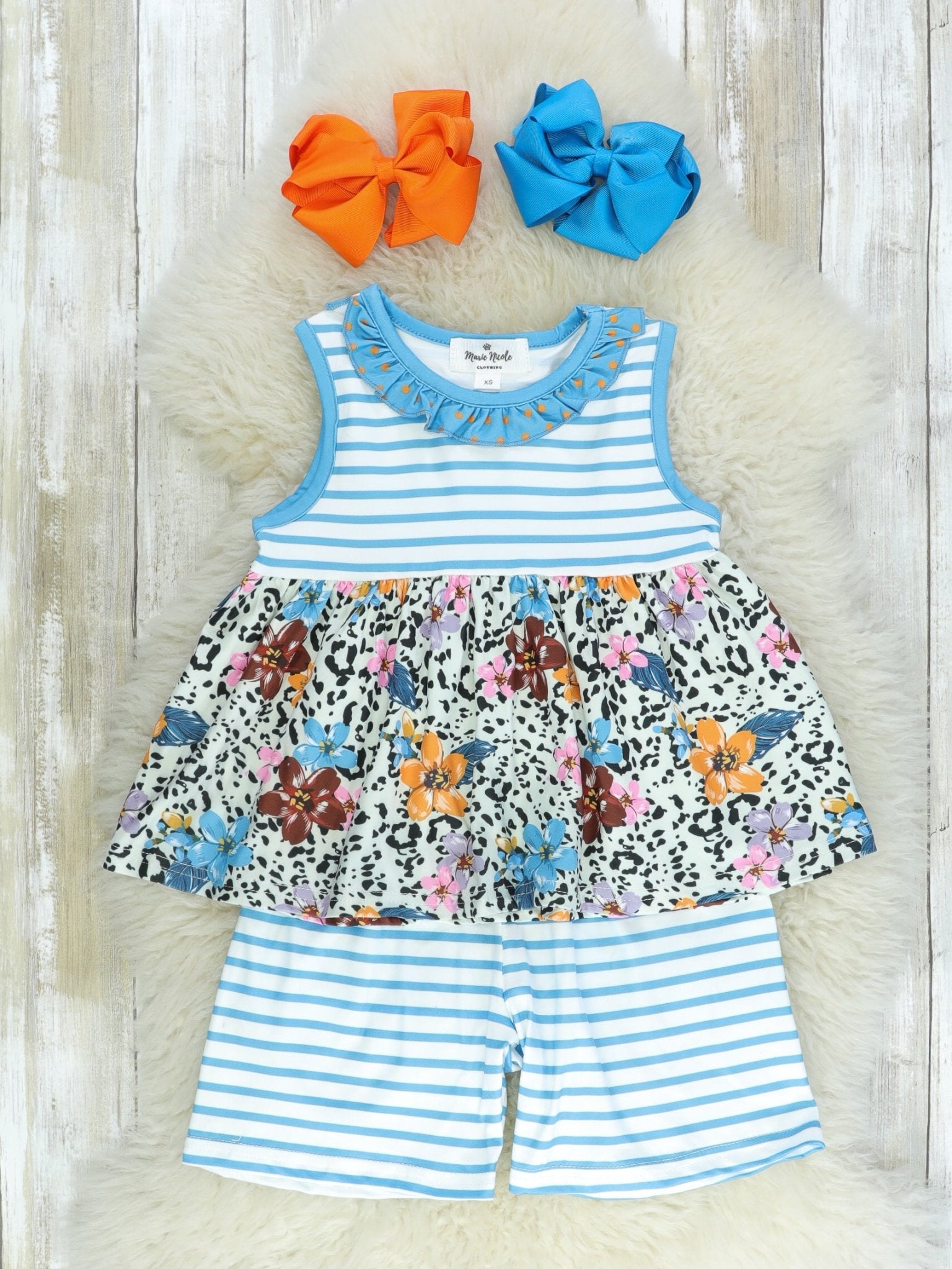 Steel Blue Poppy Floral Ruffle Outfit - Marie Nicole Clothing