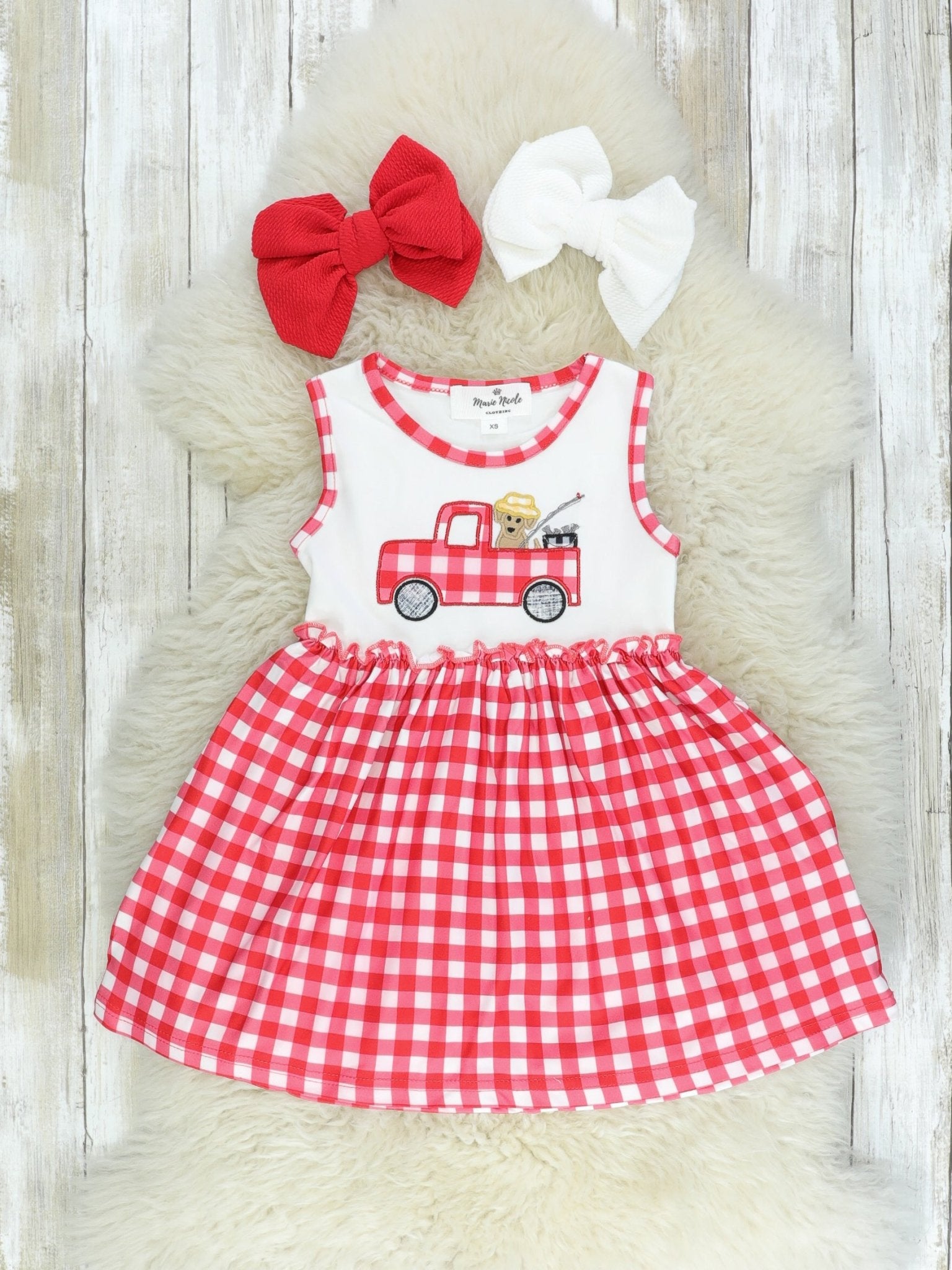 Red Checked Truck With A Dog Fishing Dress - Marie Nicole Clothing