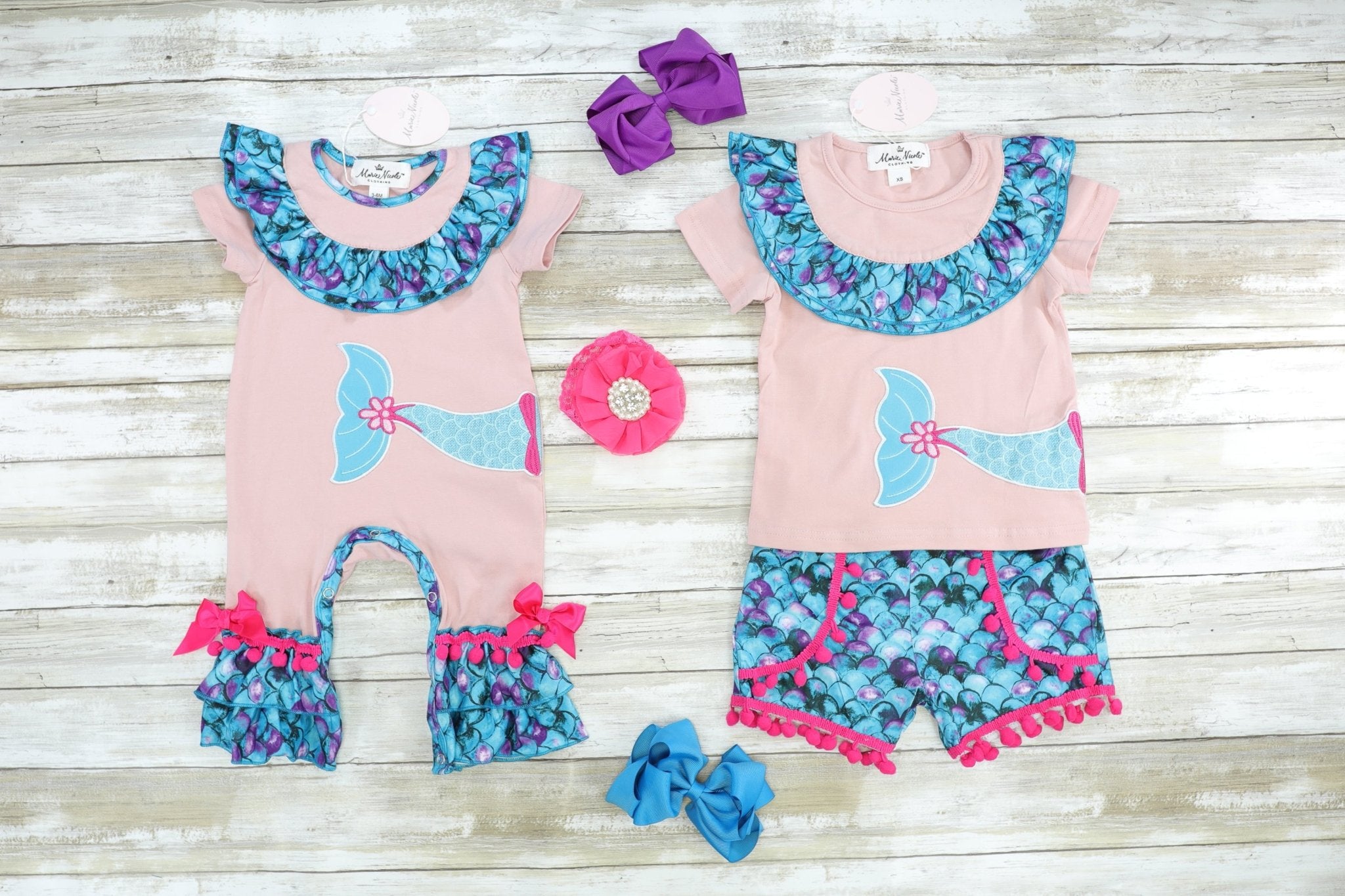 Blue & Pink Mermaid Tail Ruffle Romper - Marie Nicole Clothing