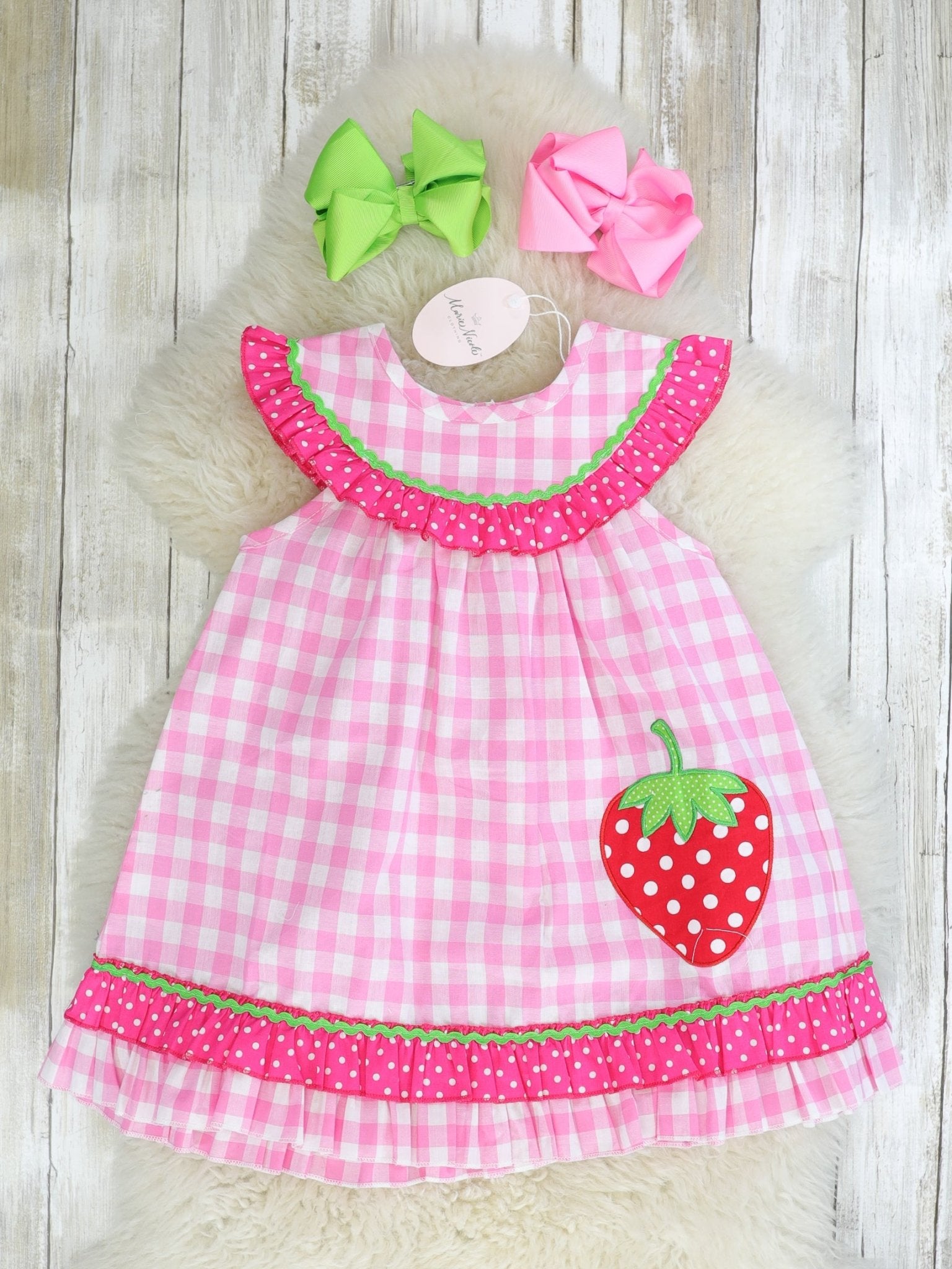Pink Check Strawberry Ruffle Dress - Marie Nicole Clothing