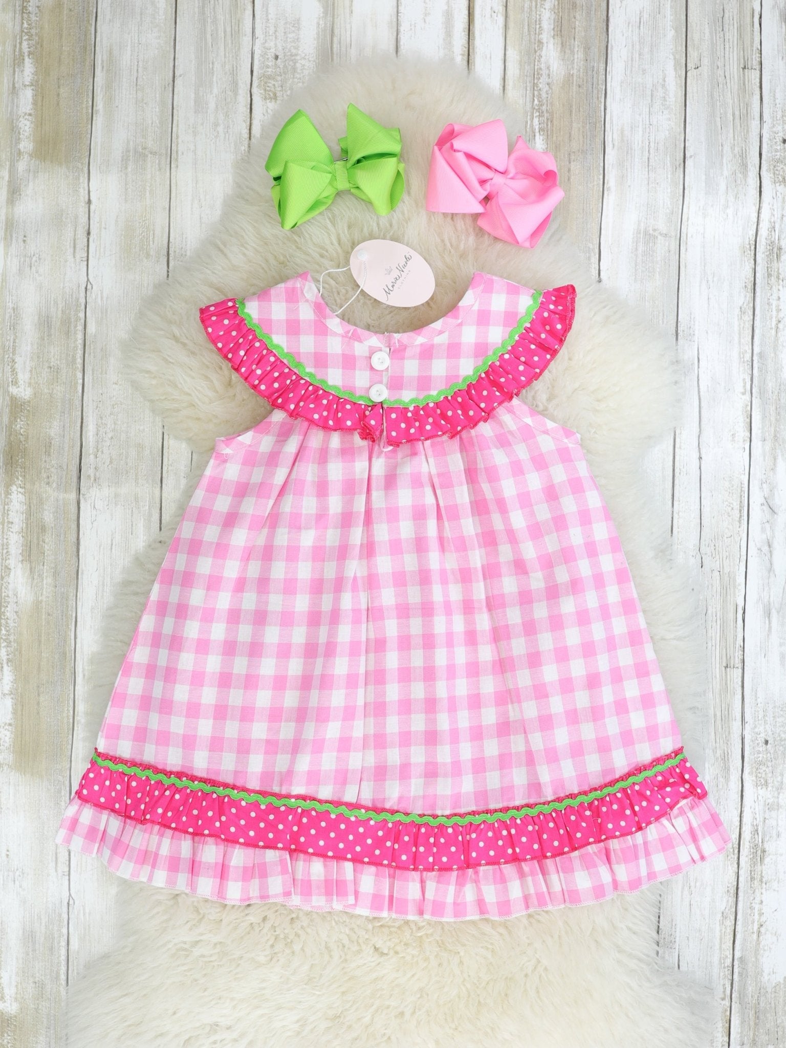Pink Check Strawberry Ruffle Dress - Marie Nicole Clothing