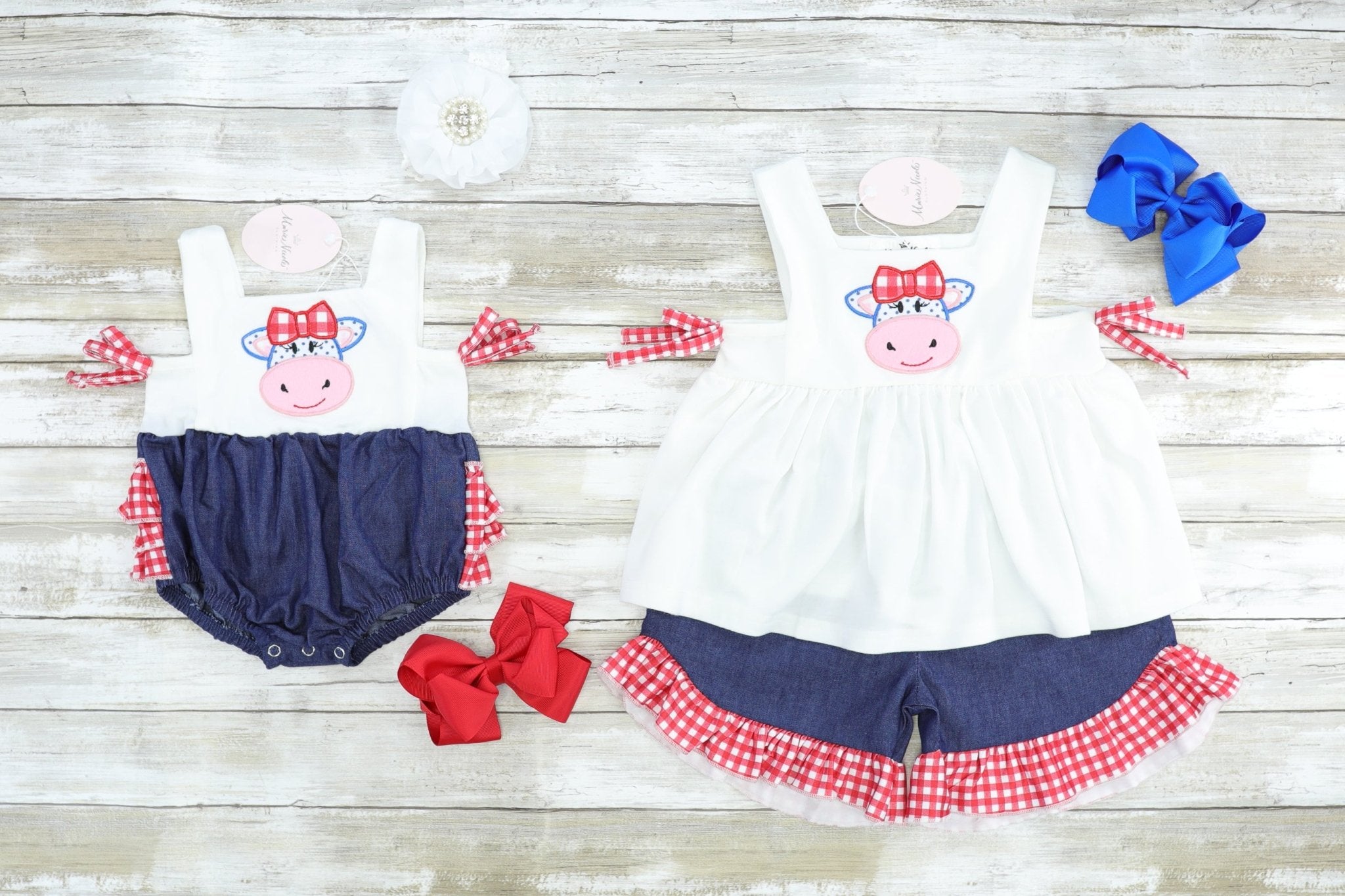 Red Check Cow Ruffle Bubble Romper - Marie Nicole Clothing