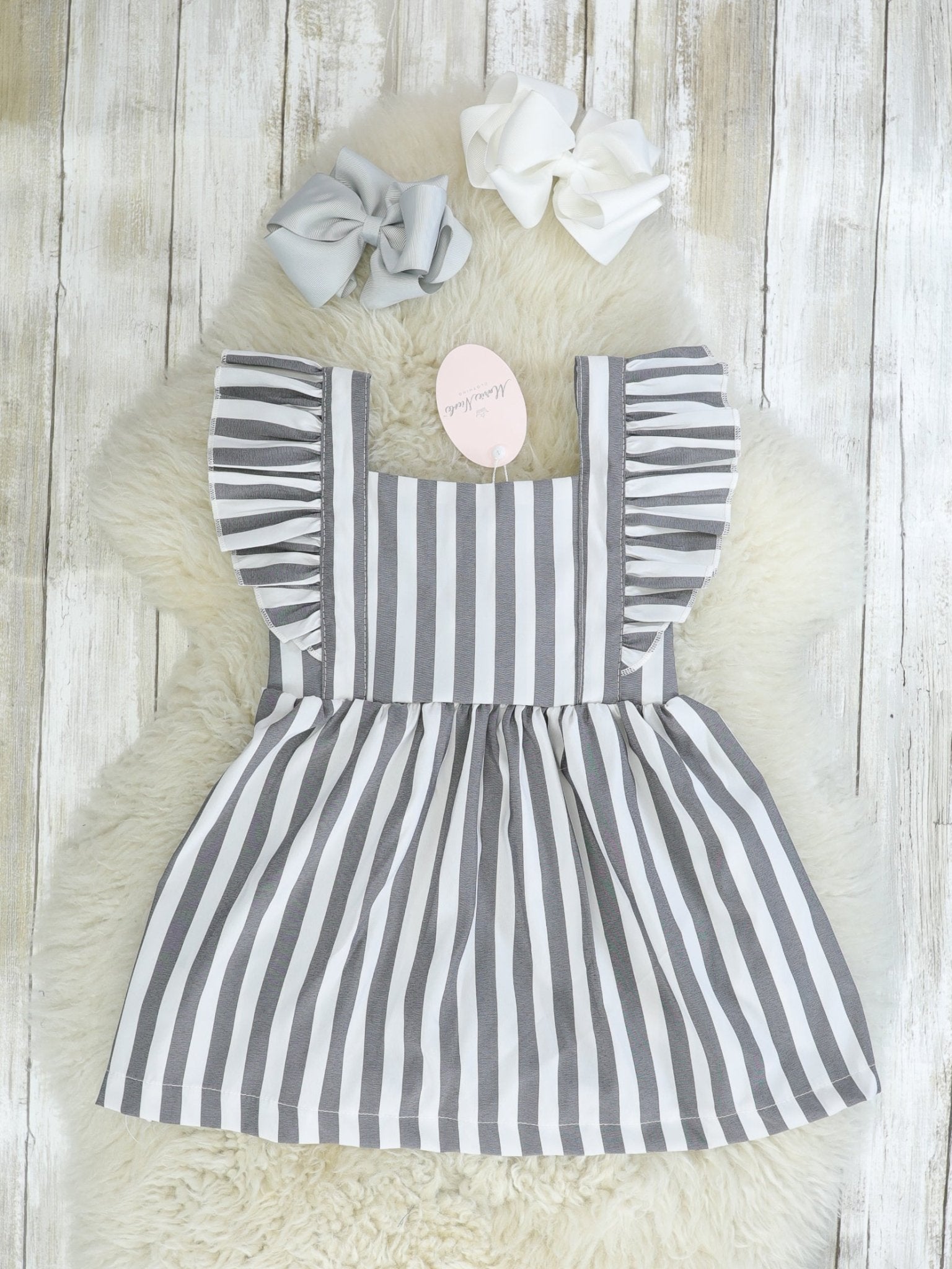 Grey Pinstriped Ruffle Dress - Marie Nicole Clothing