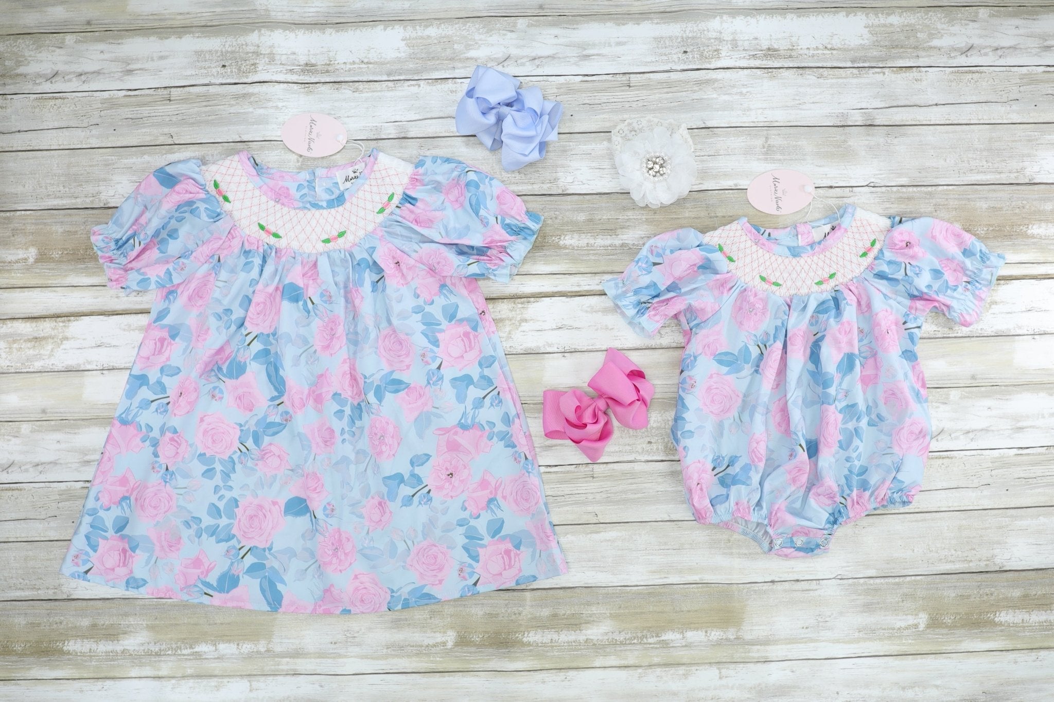 Pink & Blue Rose Smocked Dress - Marie Nicole Clothing