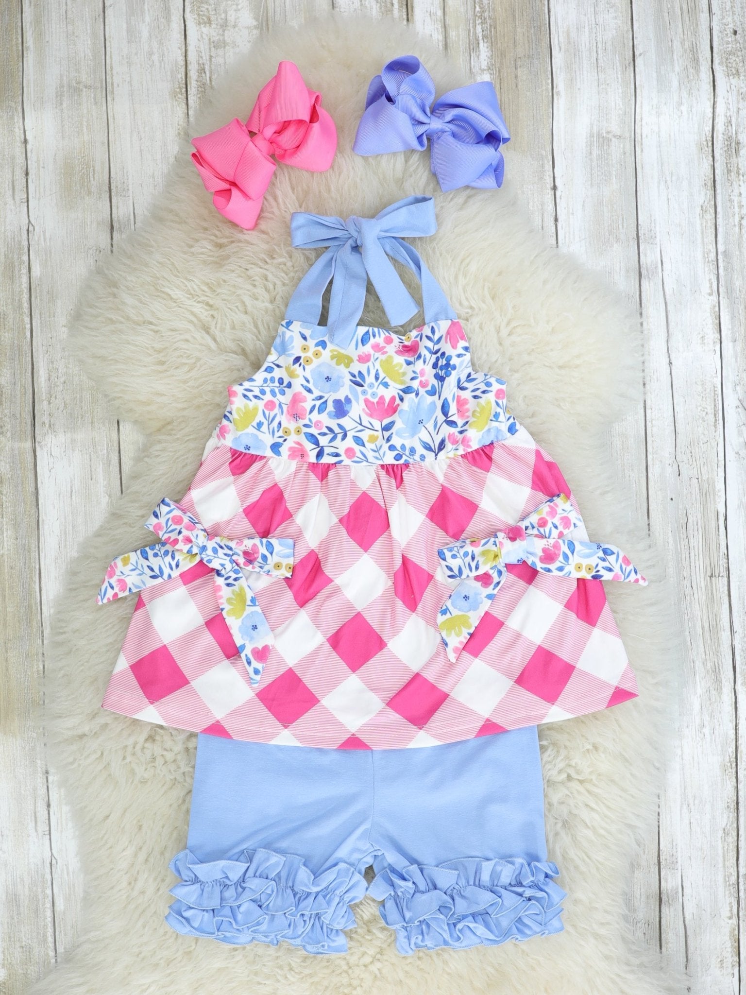 Floral Pink Check Halter Top & Ruffle Bottoms Outfit - Marie Nicole Clothing