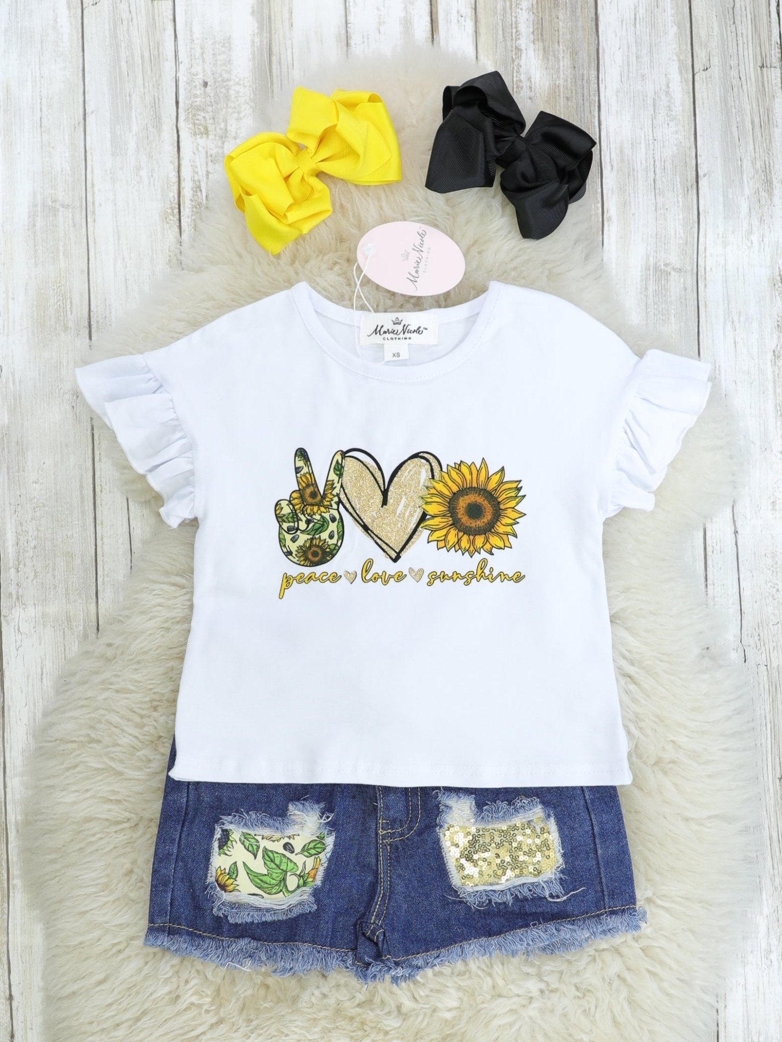 "Peace, Love, Sunshine" Ruffle Top & Distressed Denim Outfit - Marie Nicole Clothing