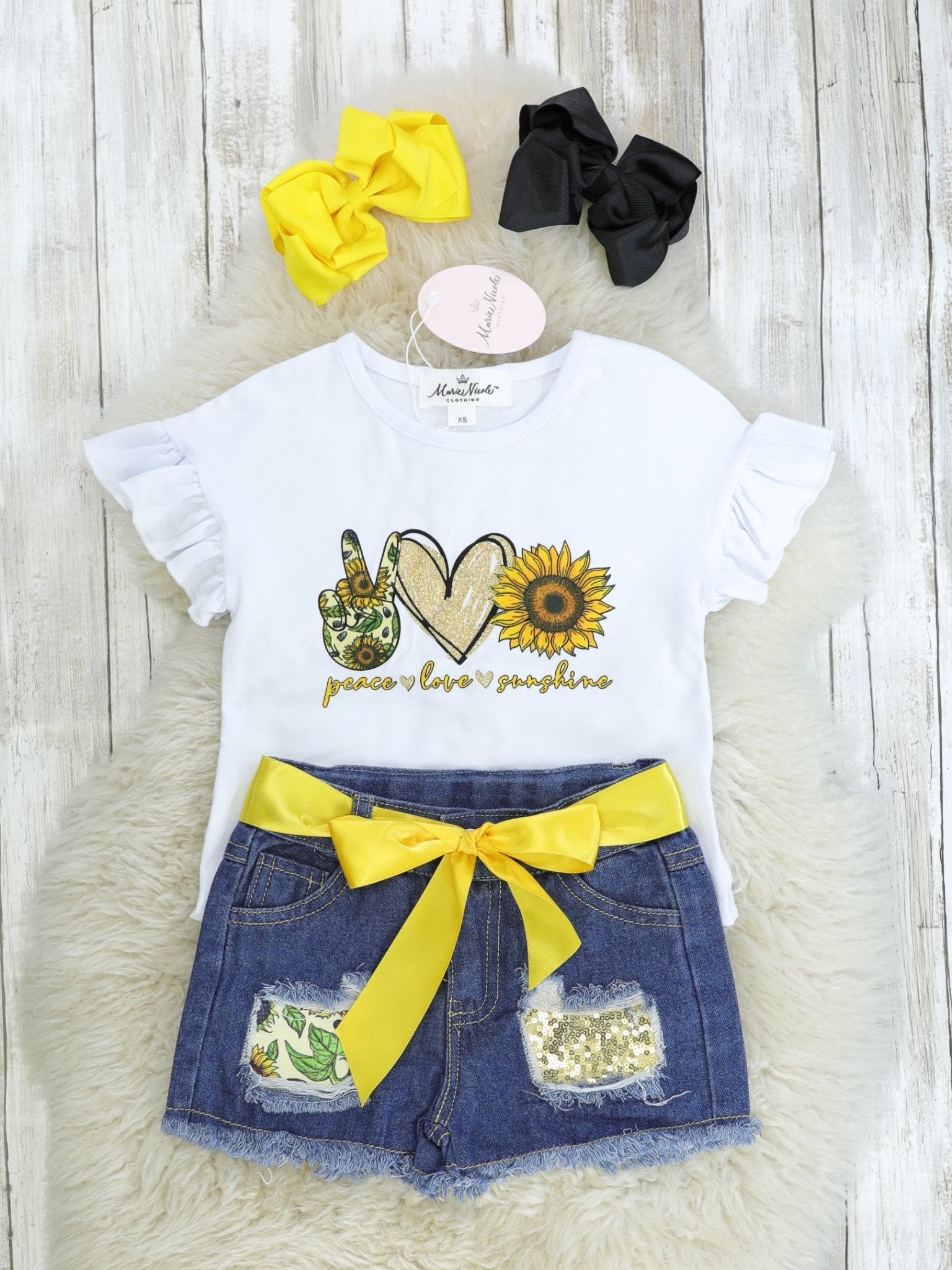 "Peace, Love, Sunshine" Ruffle Top & Distressed Denim Outfit - Marie Nicole Clothing