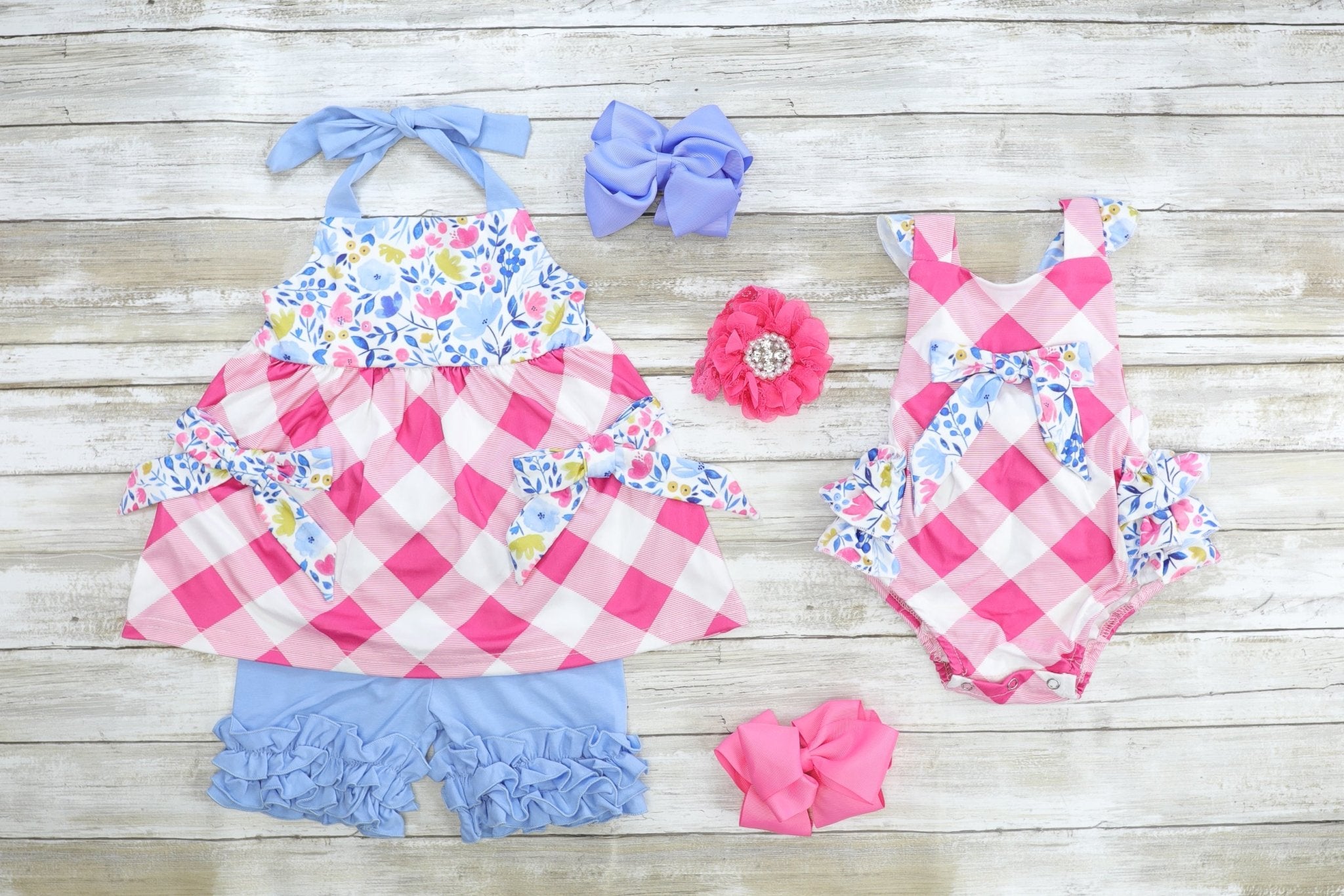 Floral Pink Check Ruffle Bubble Romper - Marie Nicole Clothing