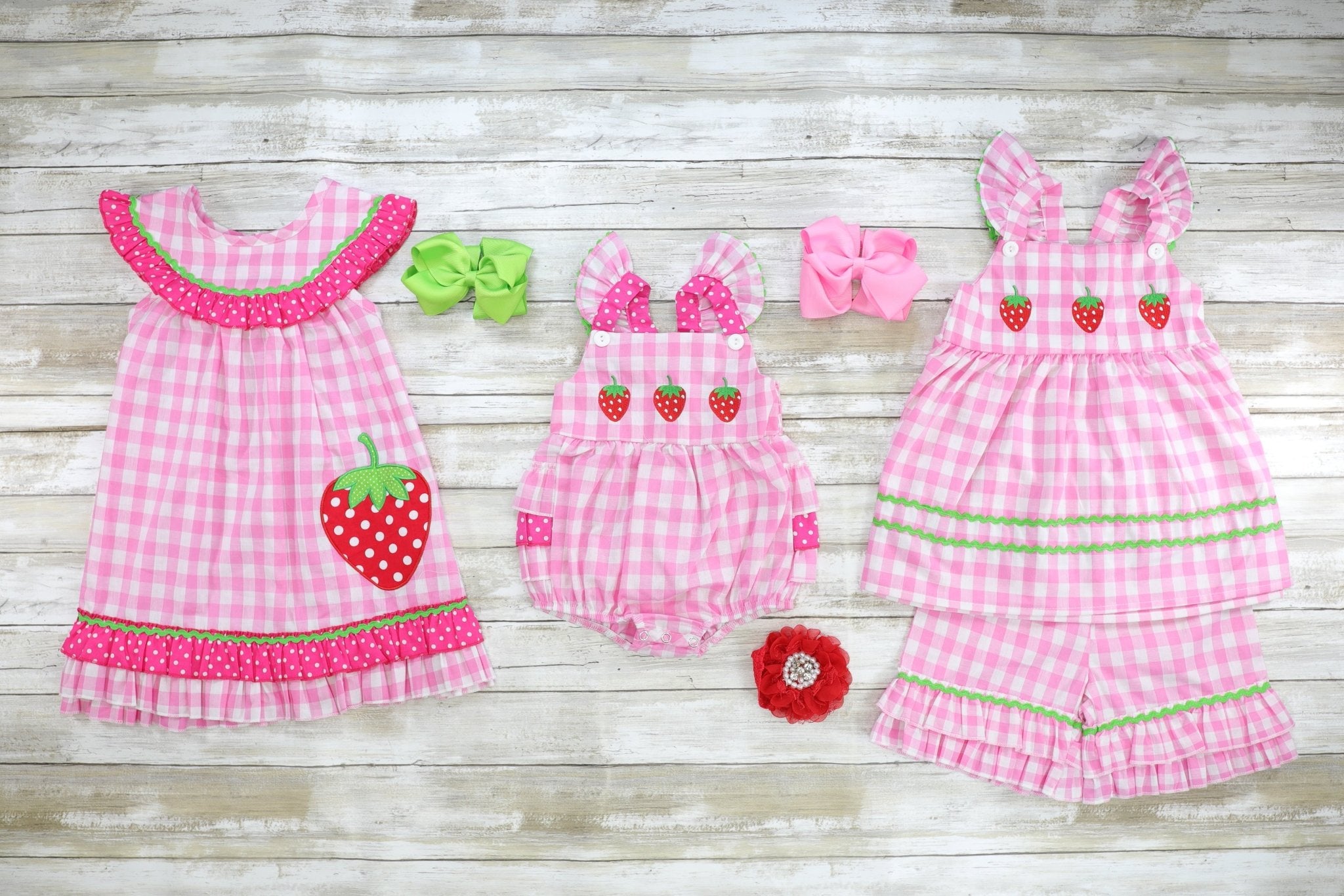 Pink Check Strawberry Ruffle Outfit - Marie Nicole Clothing