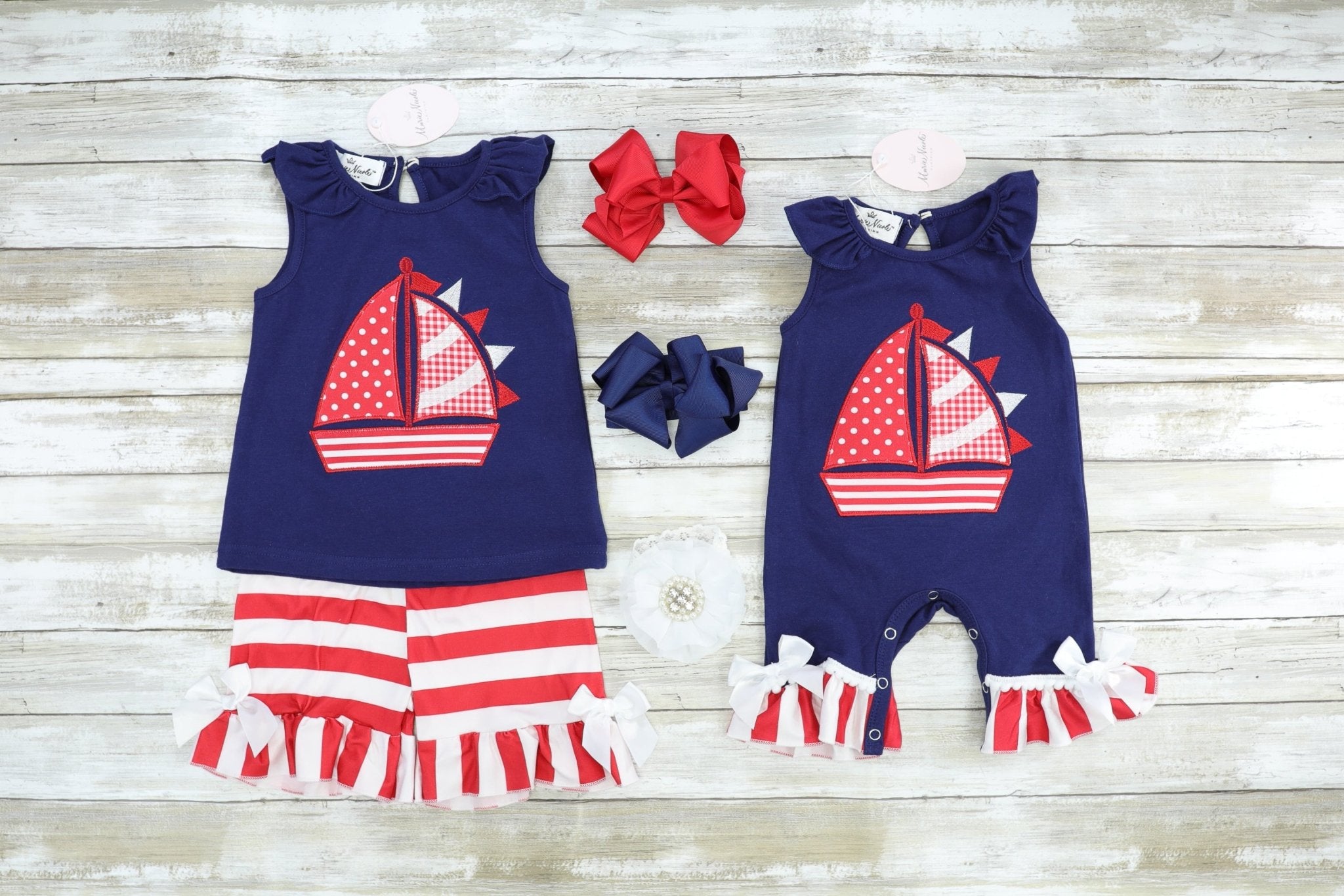 Red & Navy Sailboat Ruffle Romper - Marie Nicole Clothing