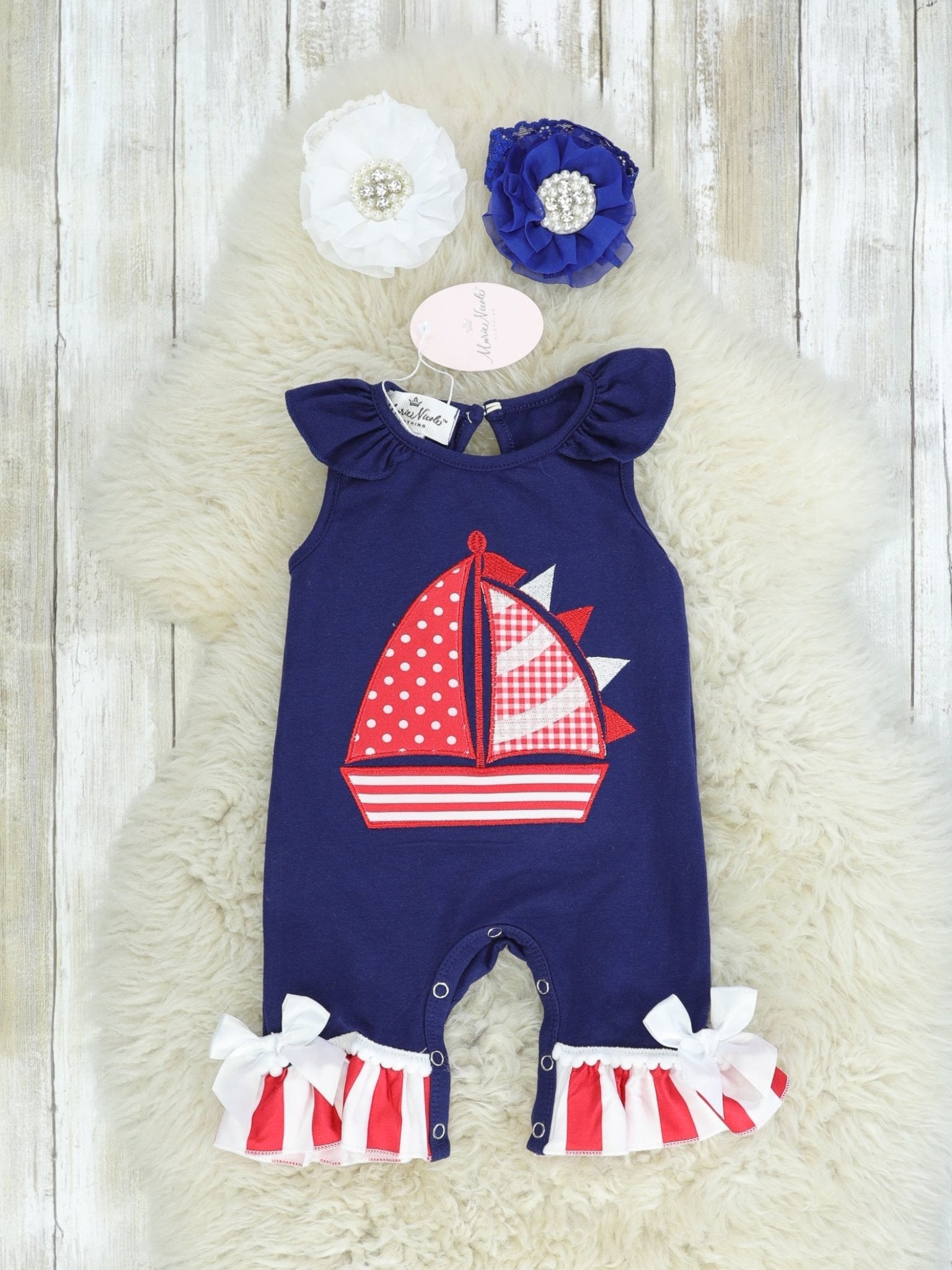 Red & Navy Sailboat Ruffle Romper - Marie Nicole Clothing