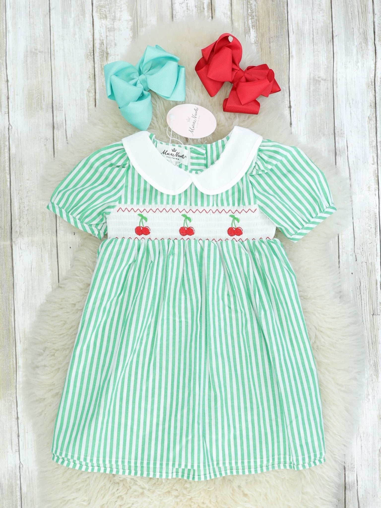 Green Pinstriped Smocked Cherry Dress - Marie Nicole Clothing