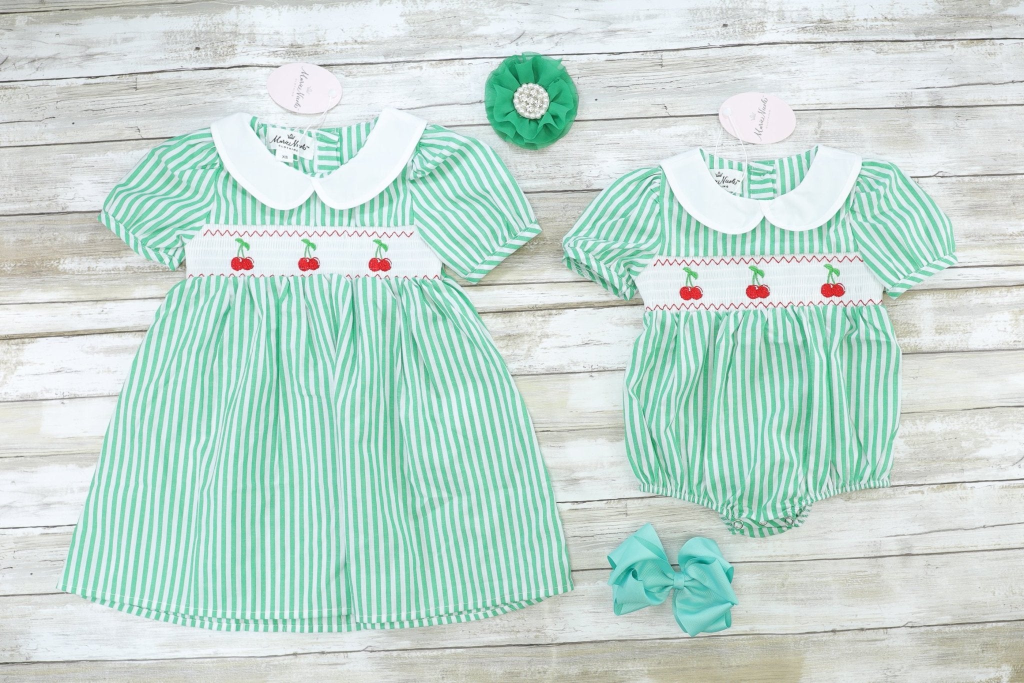 Green Pinstriped Smocked Cherry Bubble Romper - Marie Nicole Clothing