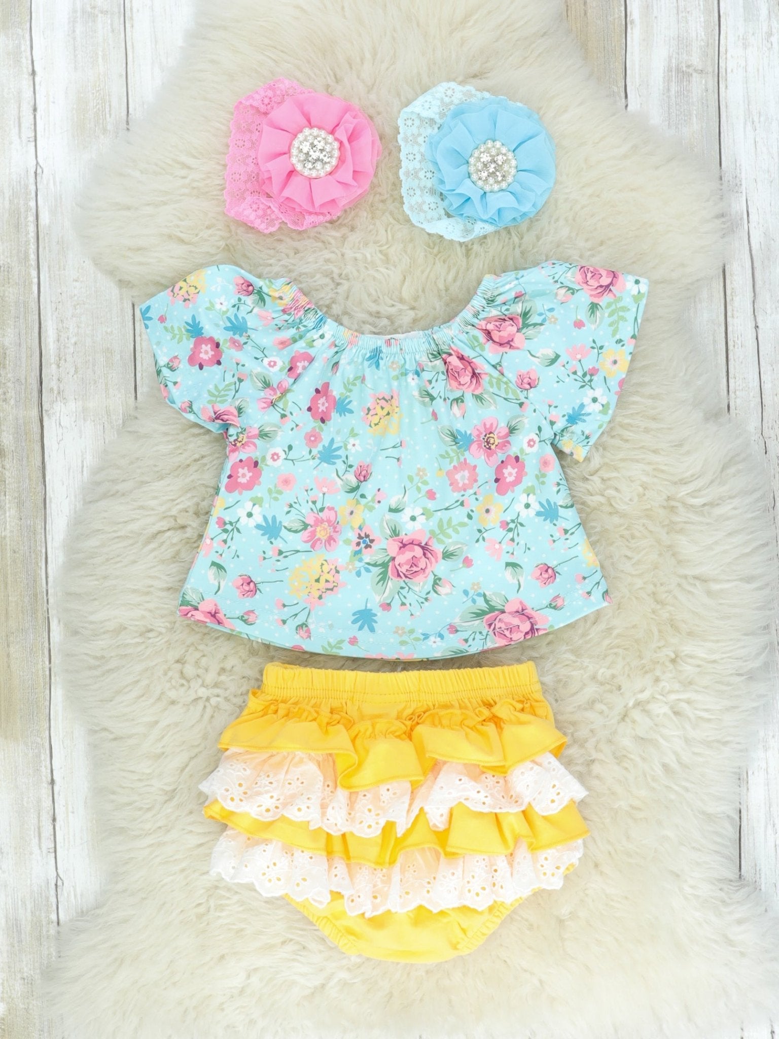 Sky Blue Floral Top & Yellow Ruffle Bloomers - Marie Nicole Clothing