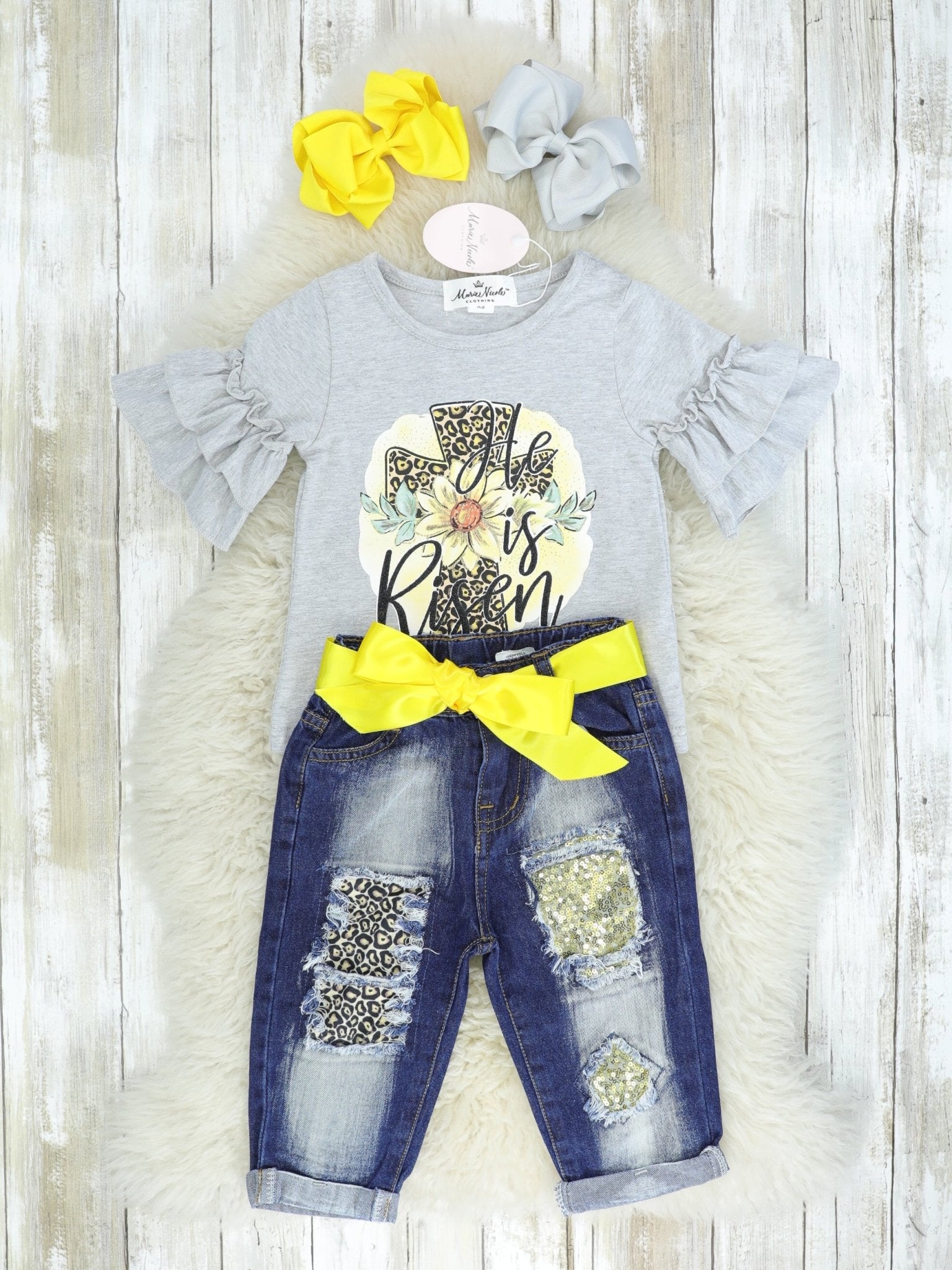 "He Is Risen" Ruffle Top & Distressed Denim Outfit - Marie Nicole Clothing