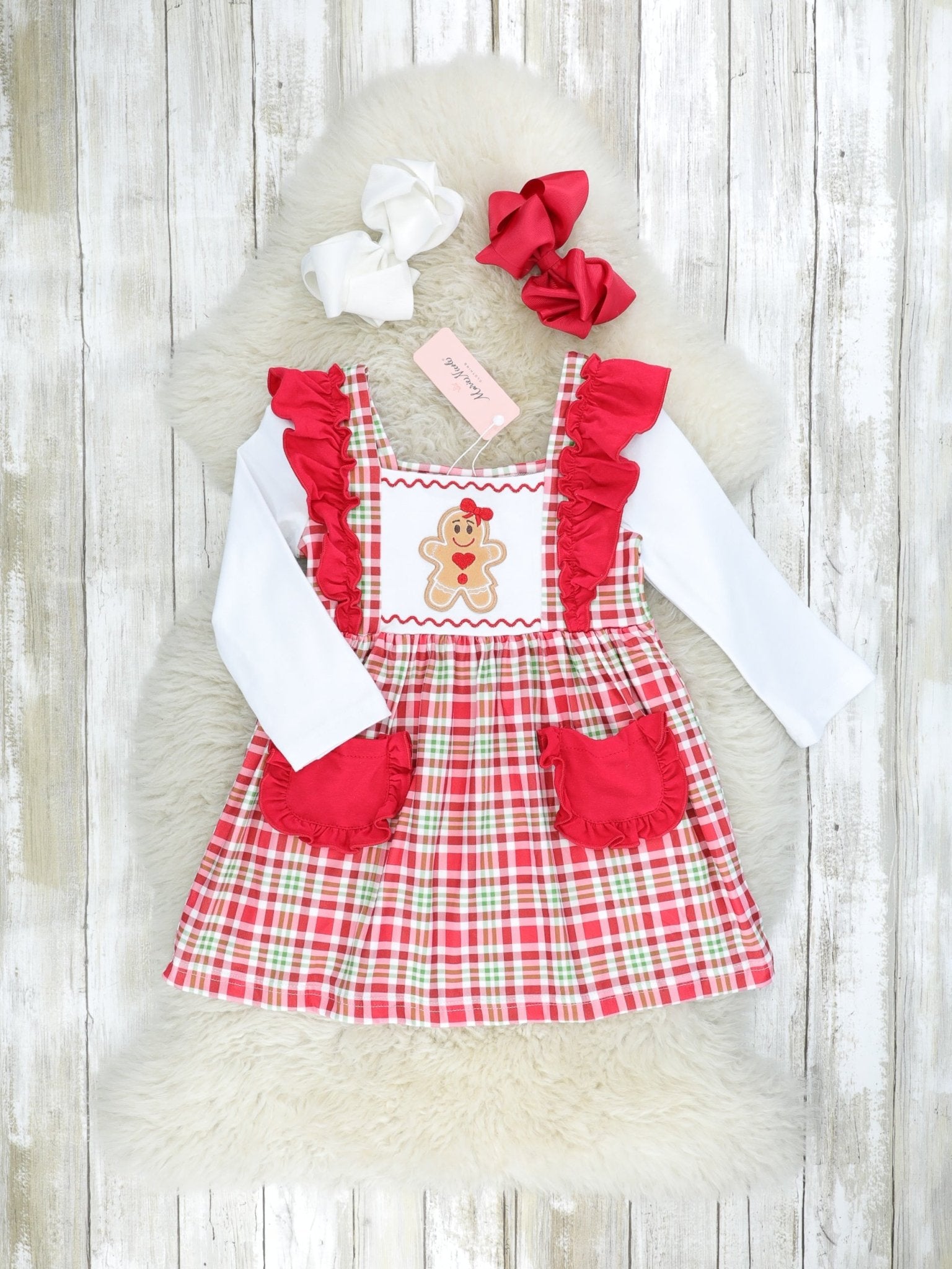 Red Plaid Gingerbread Pocket Ruffle Dress - Marie Nicole Clothing