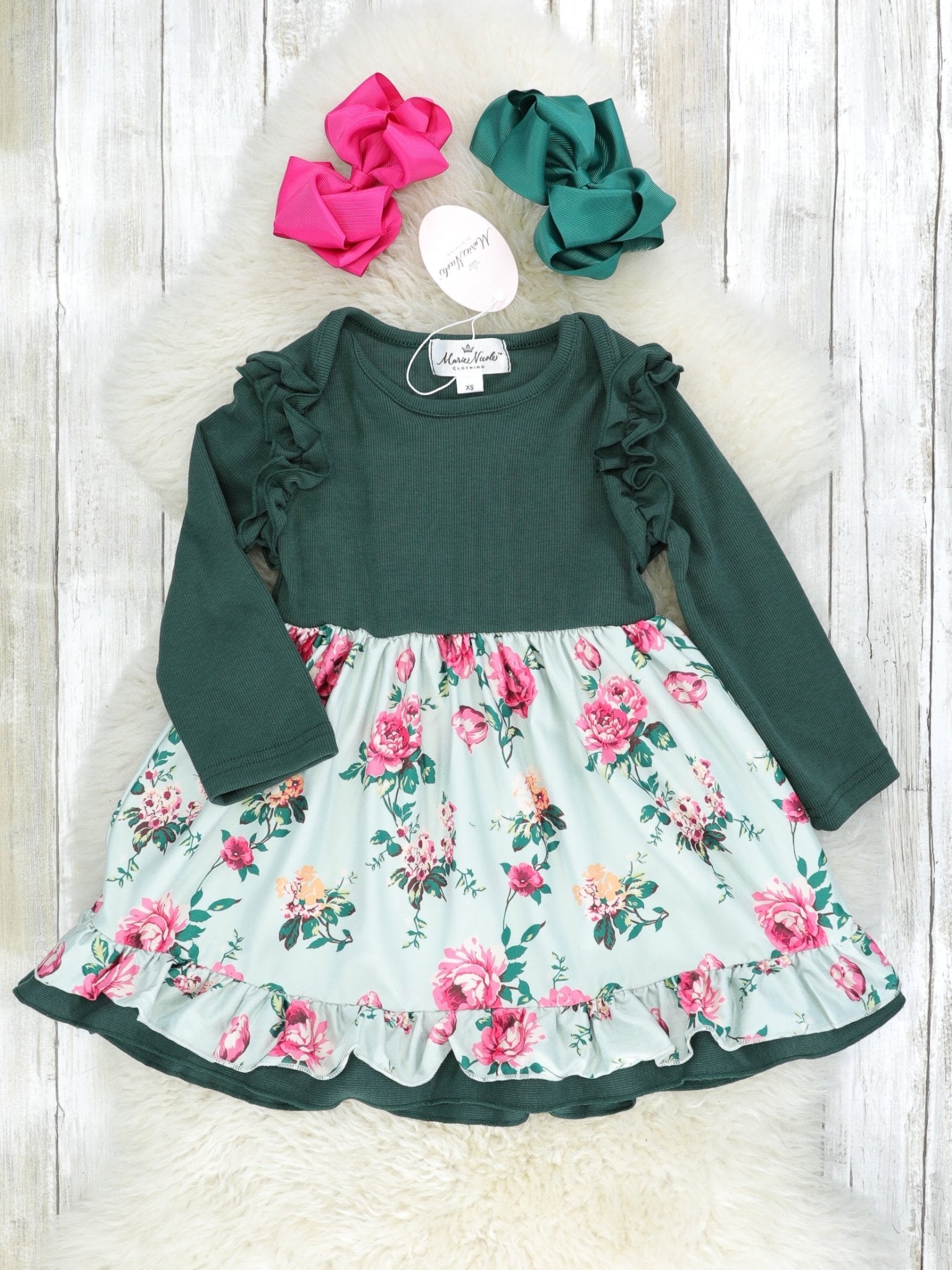 Hunter Green Rose Ruffle Dress - Marie Nicole Clothing