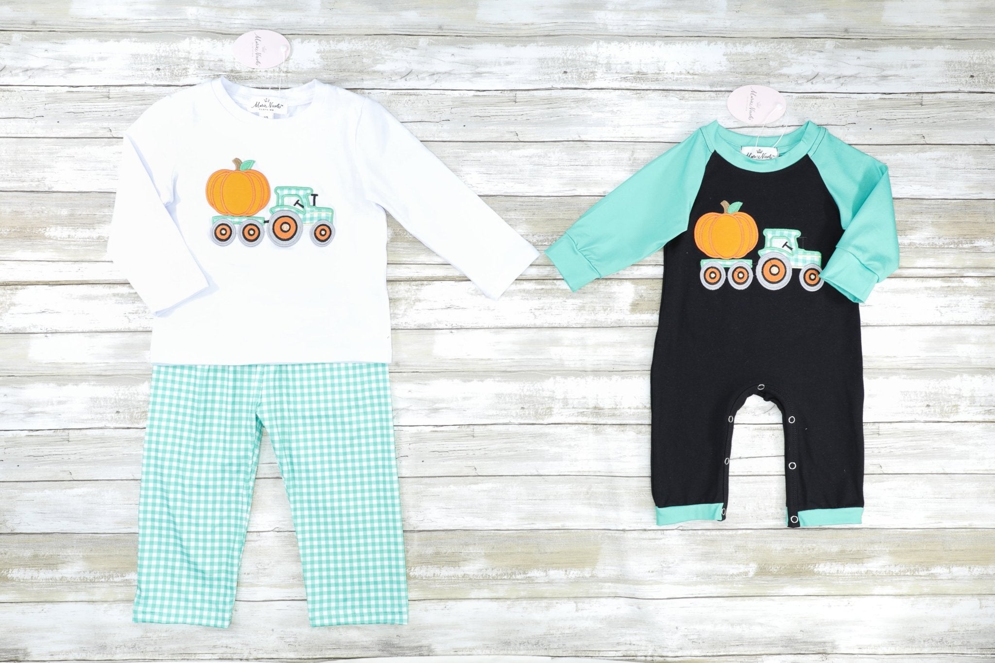 Pumpkin Tractor Green Gingham Outfit - Marie Nicole Clothing