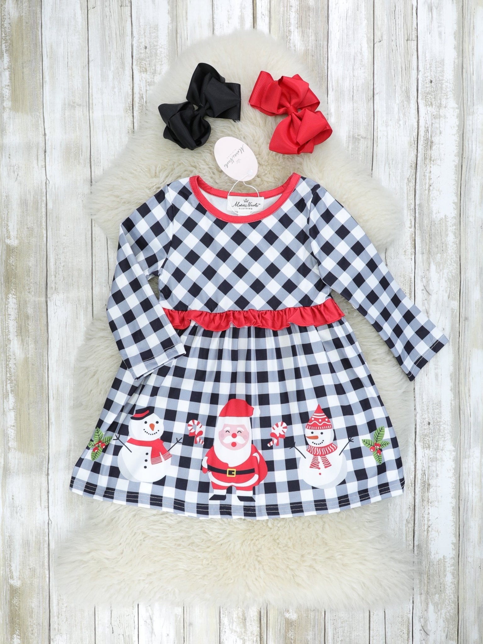 Gingham Santa Ruffle Dress - Marie Nicole Clothing