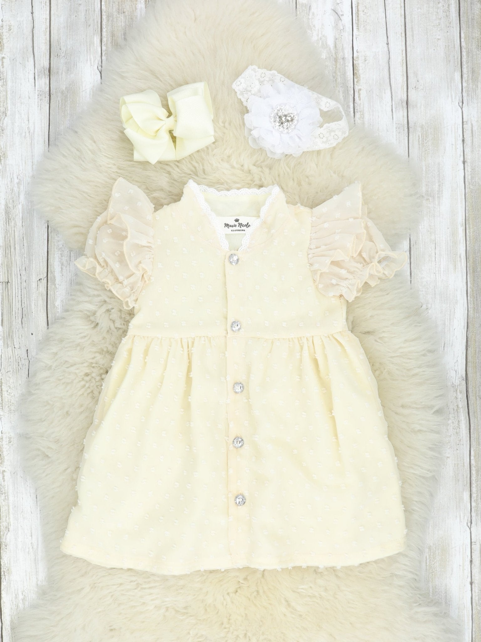 Swiss Dot Ruffle Dress With Crystal Buttons - Cream - Marie Nicole Clothing