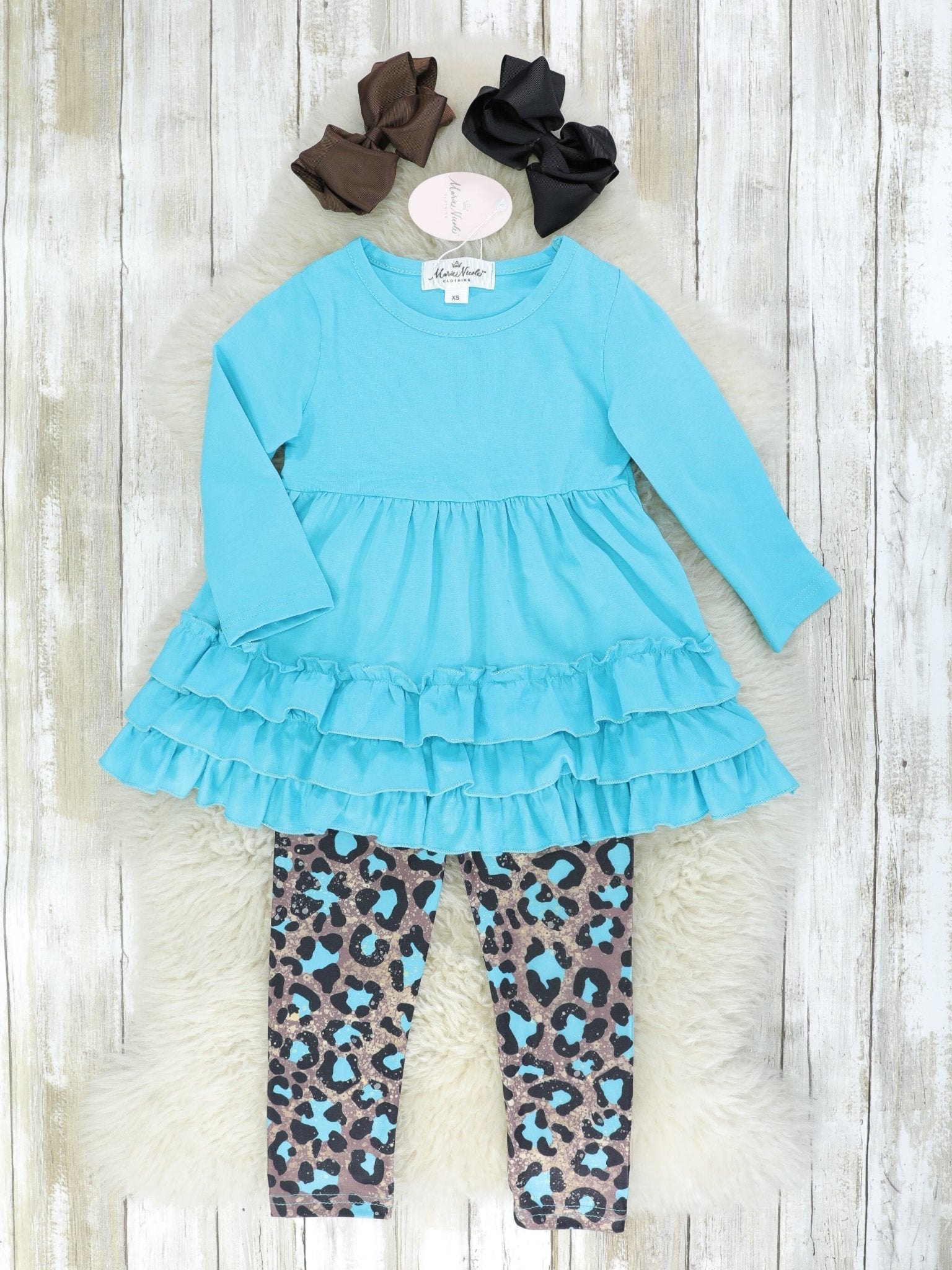 Bright Blue Leopard Ruffle 3 - Piece Outfit - Marie Nicole Clothing