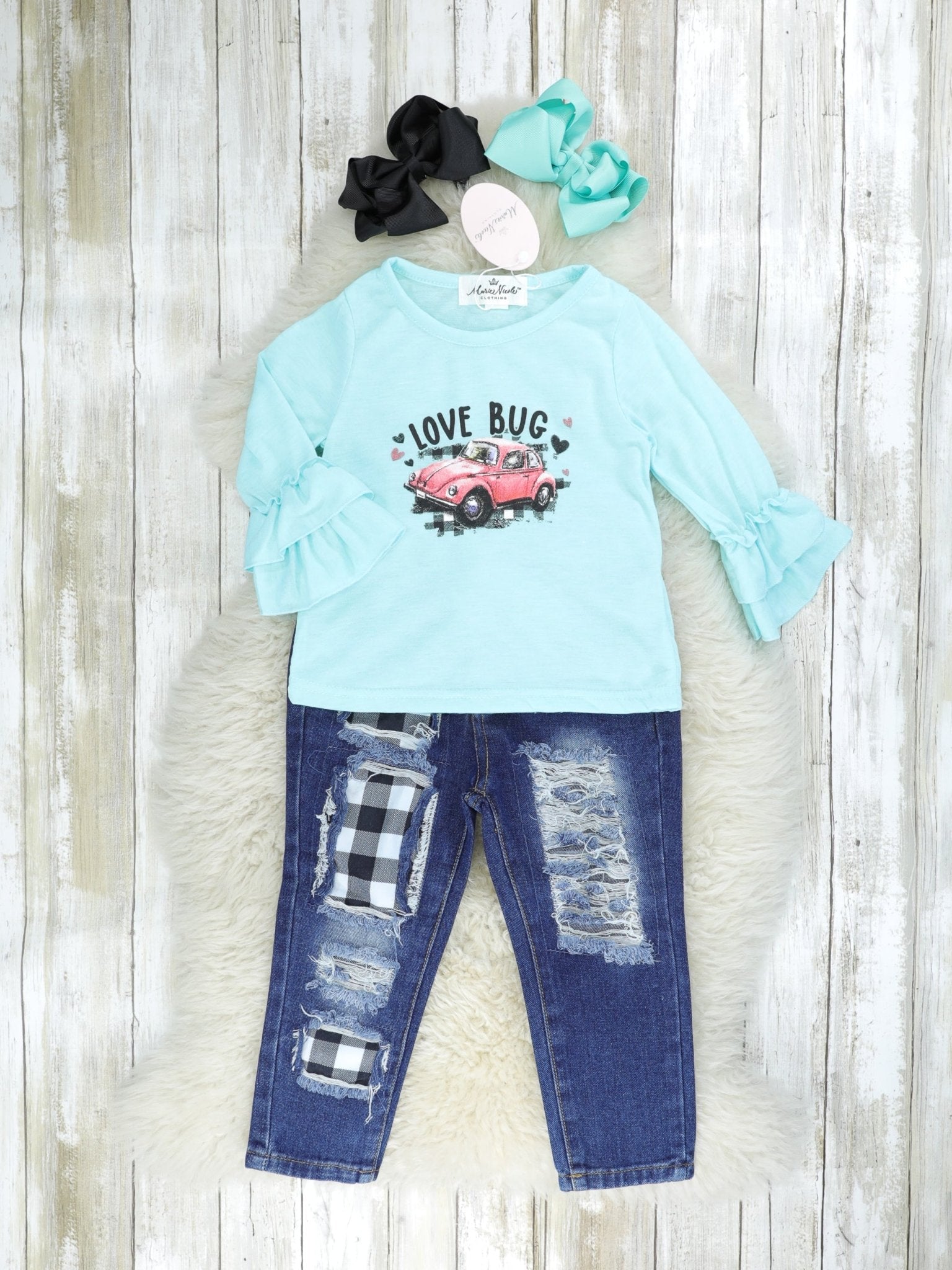 Blue "Love Bug" Gingham Denim Outfit - Marie Nicole Clothing