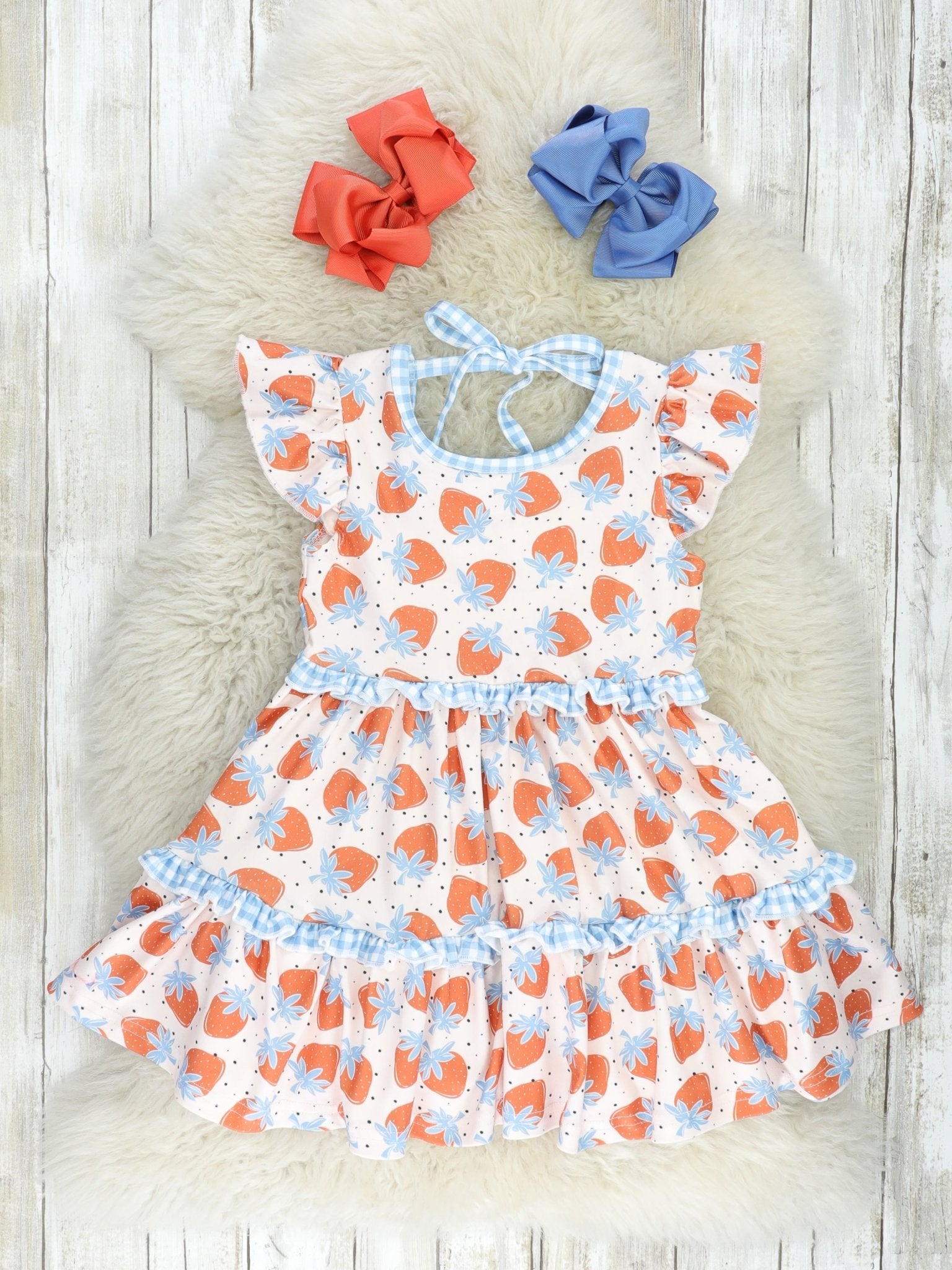 Tan Strawberry Gingham Ruffle Dress - Marie Nicole Clothing