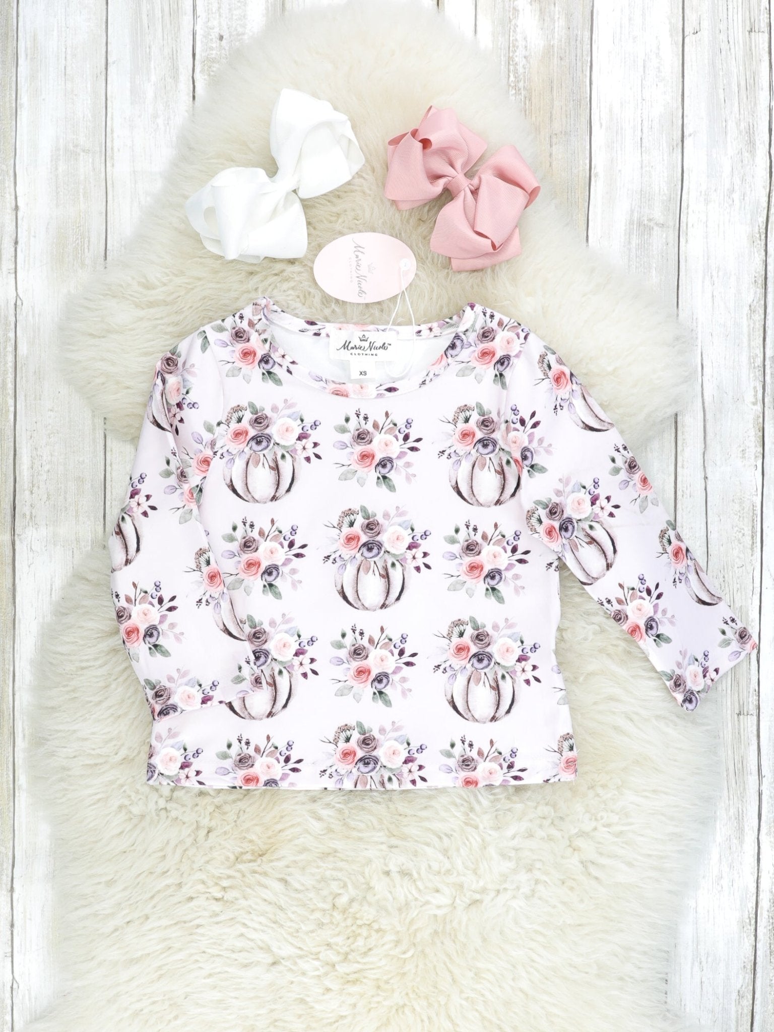 Vintage Floral Pumpkin Top & Pink Suede Ruffle Overall Set - Marie Nicole Clothing