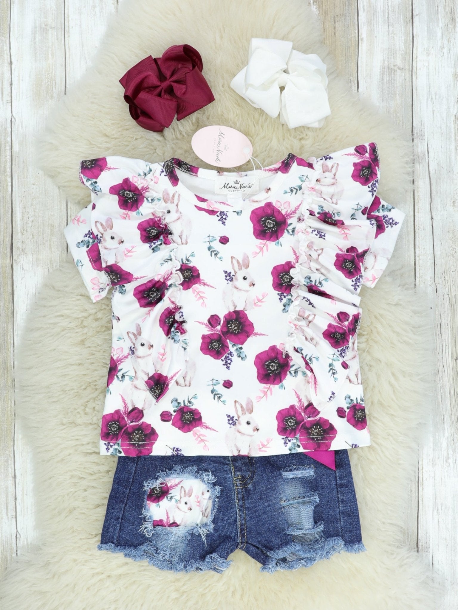 Plum Floral Bunny Ruffle Top & Distressed Denim Shorts - Marie Nicole Clothing