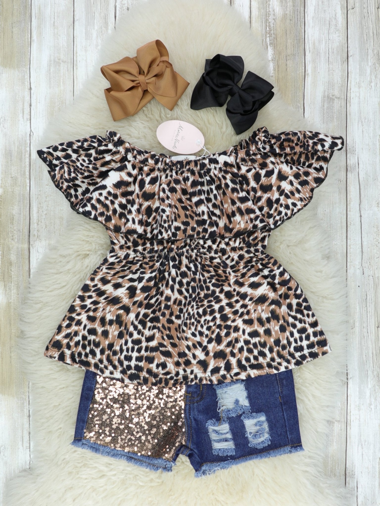 Leopard Off The Shoulder Top & Denim Sequin Shorts Outfit - Marie Nicole Clothing