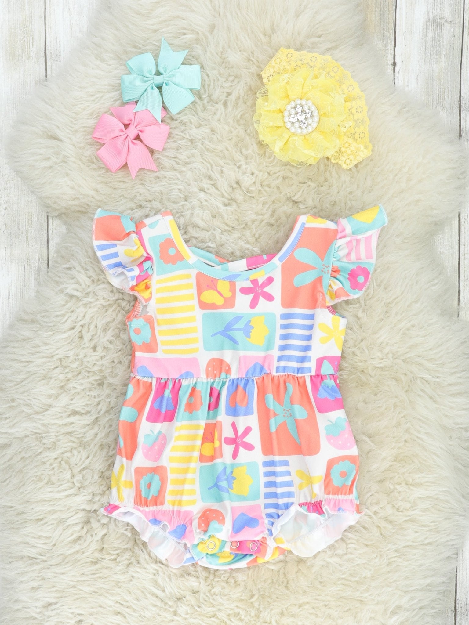 Fun Floral Geometric Ruffle Bubble Romper - Marie Nicole Clothing