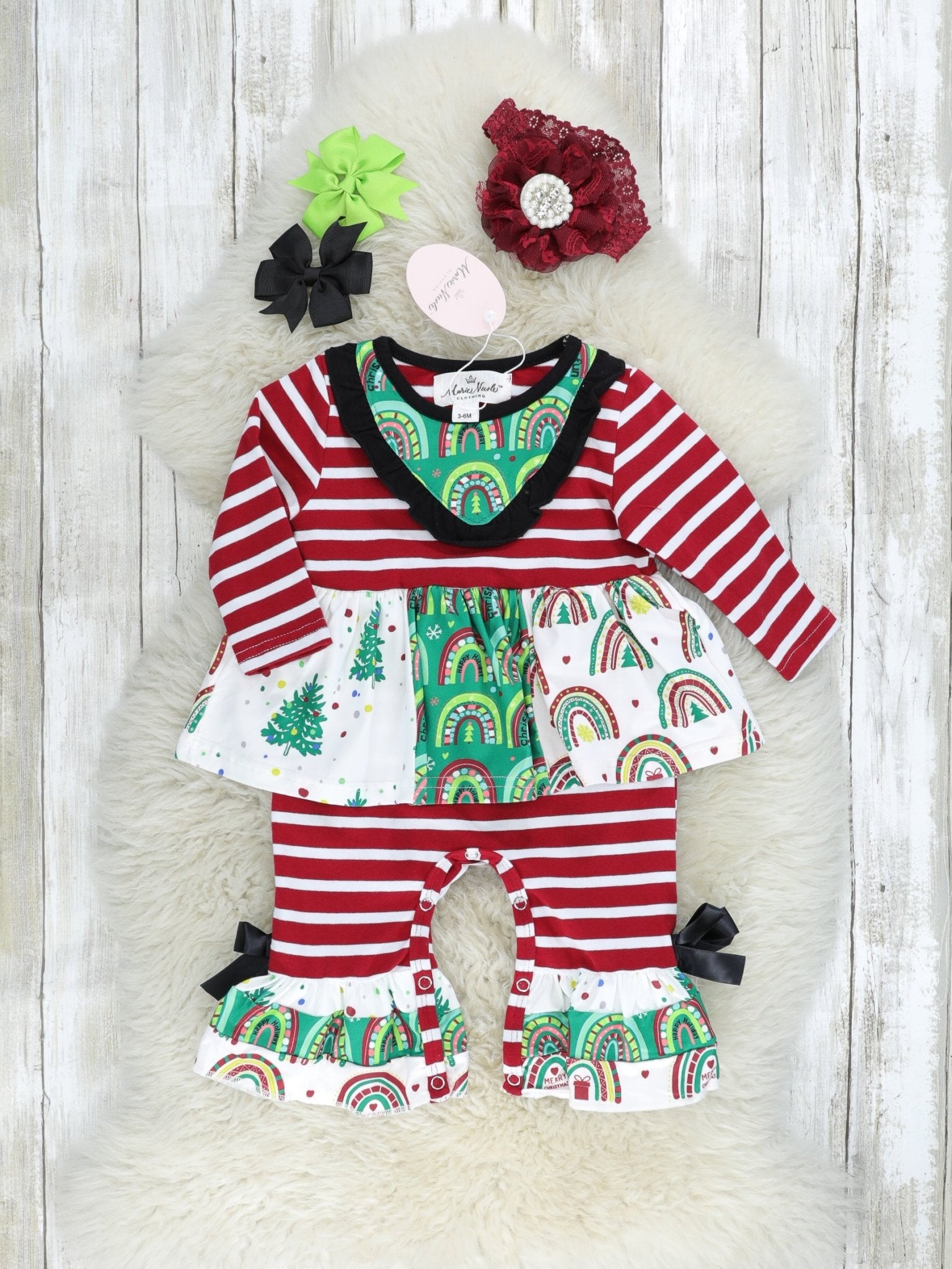 Maroon Christmas Rainbow Ruffle Romper - Marie Nicole Clothing