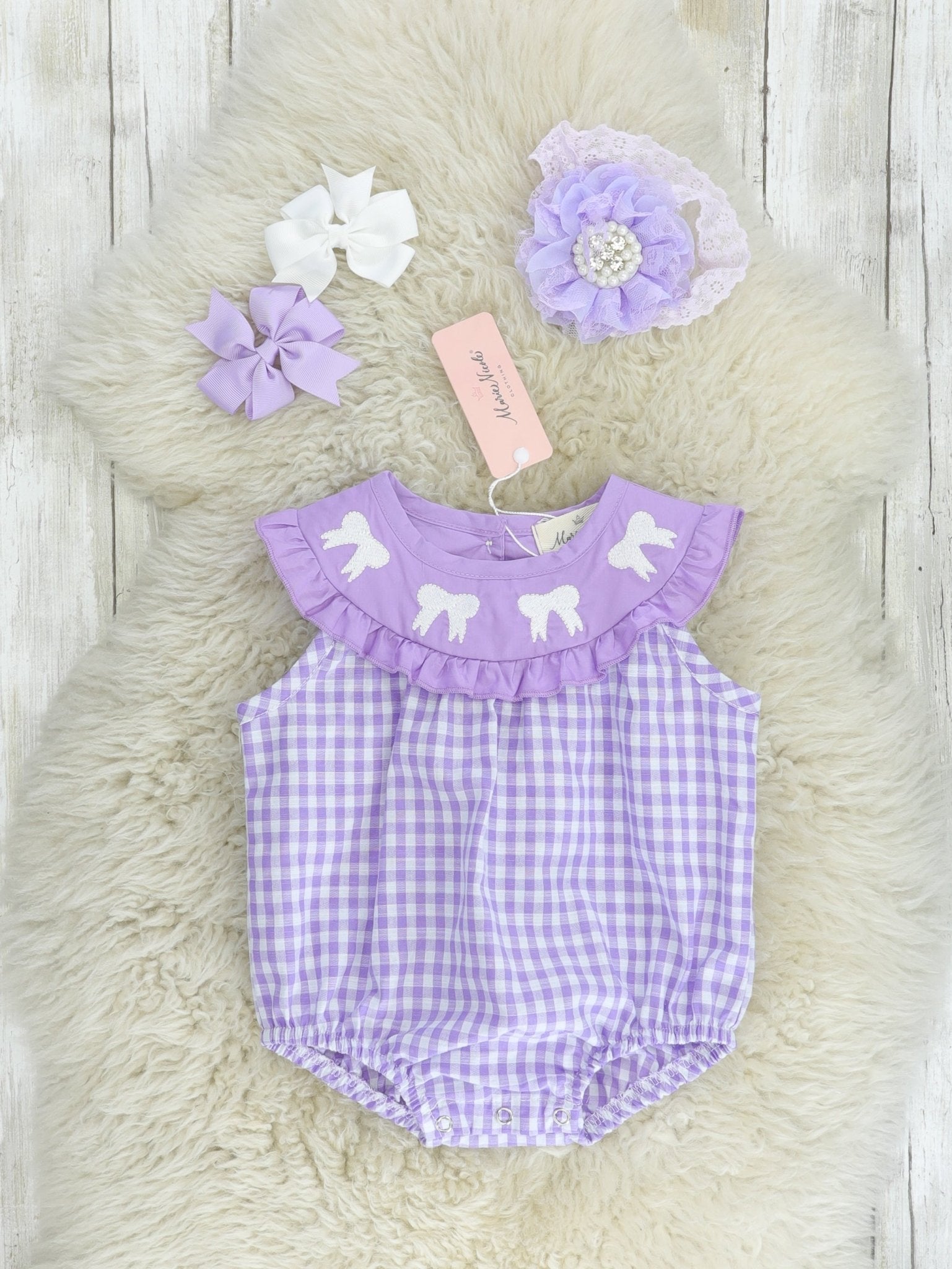 Purple Gingham Bow Ruffle Bubble Romper - Marie Nicole Clothing