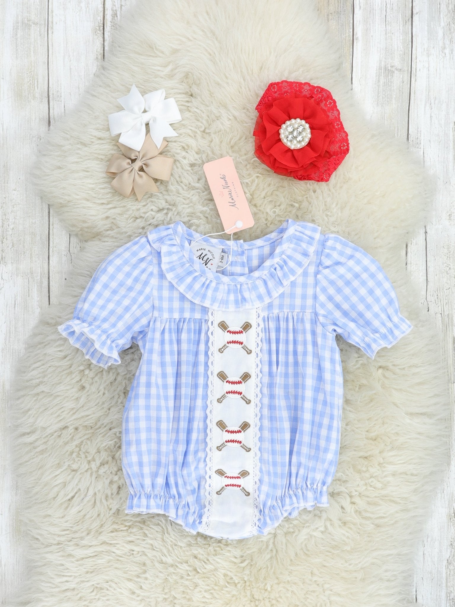 Blue Gingham Baseball Ruffle Bubble Romper - Marie Nicole Clothing