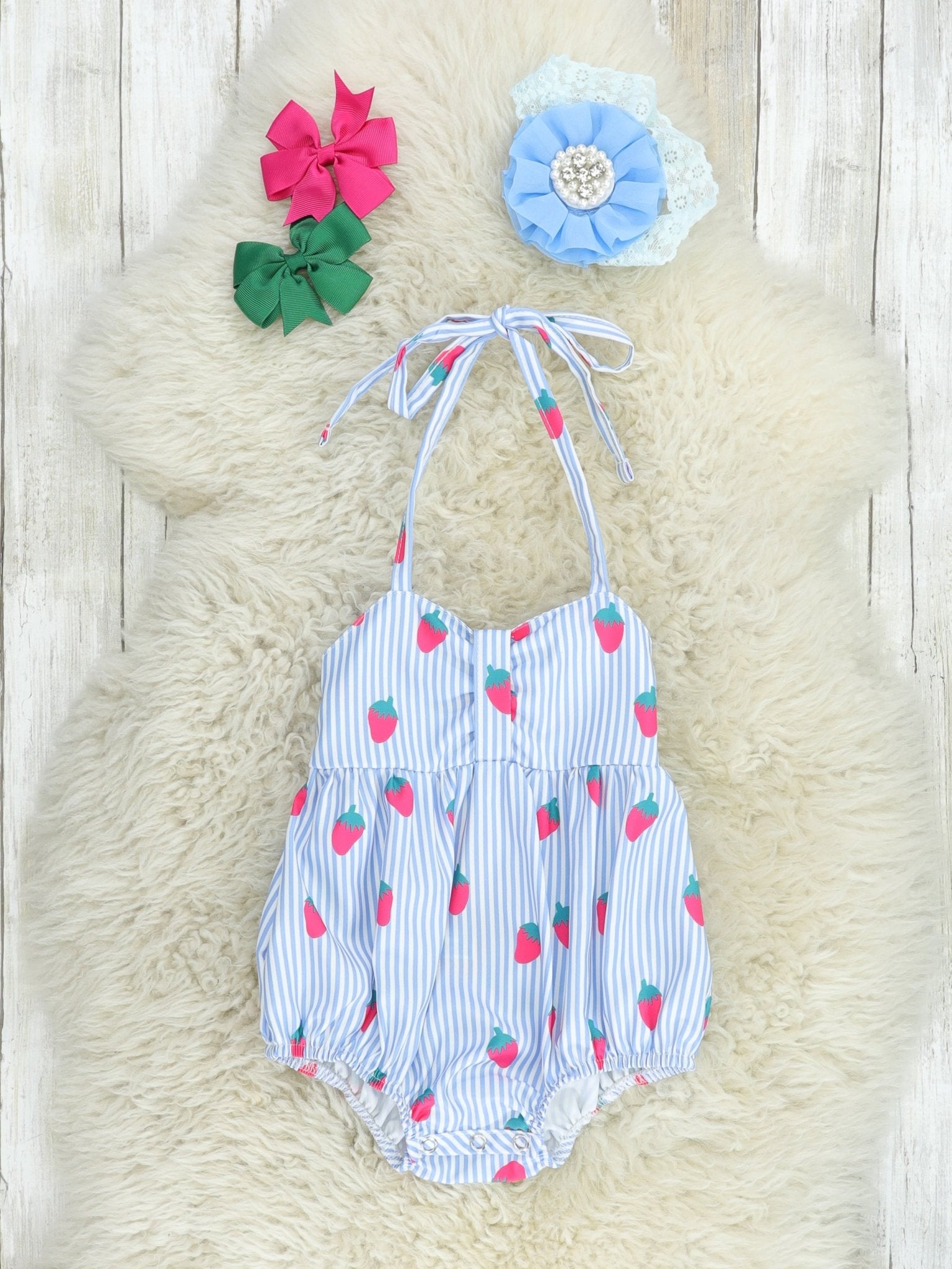 Blue Pinstripe Strawberry Ruffle Romper - Marie Nicole Clothing