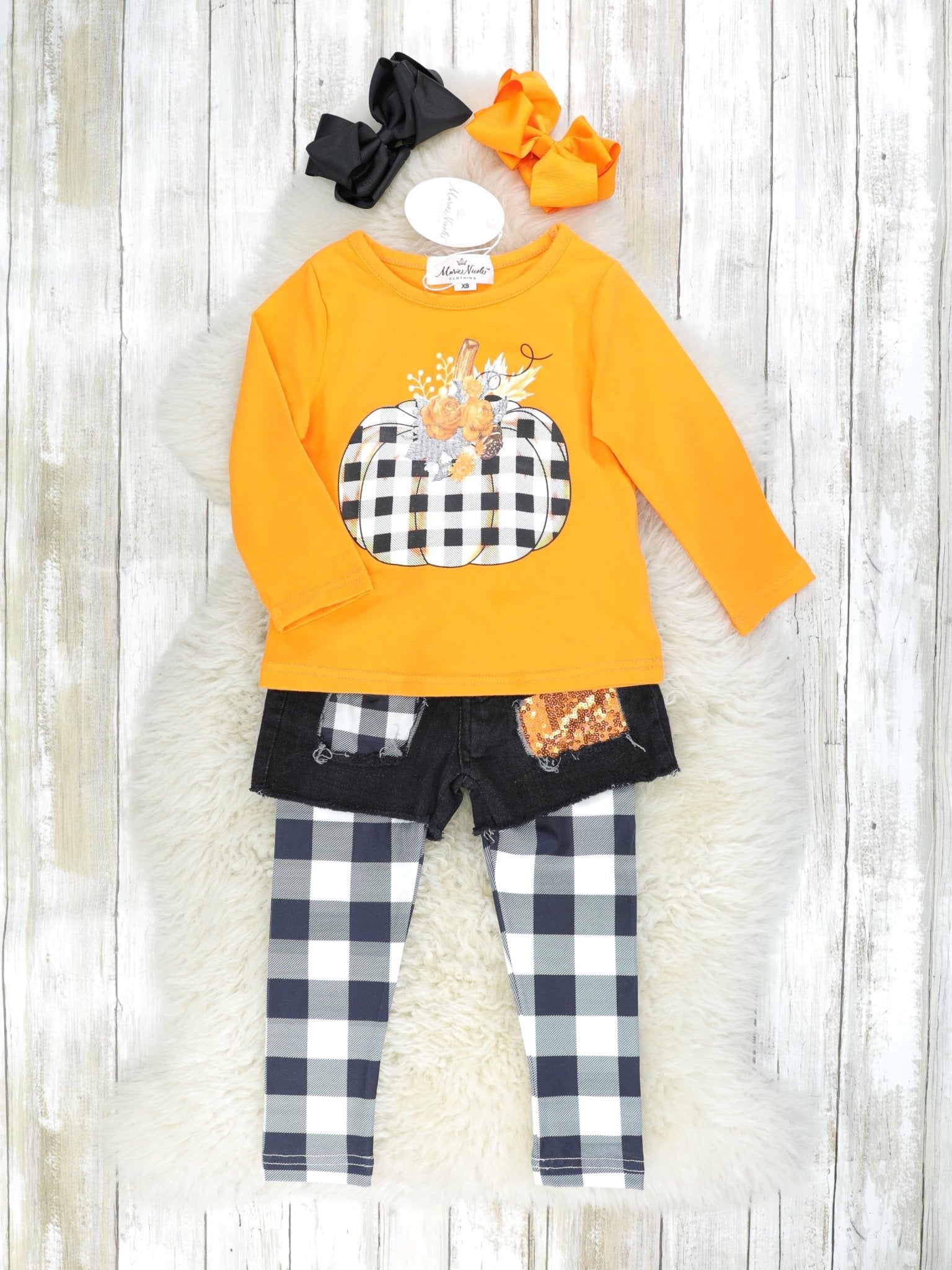 Gingham Pumpkin Top & Distressed Sequin Denim Shorts W/ Leggings - Marie Nicole Clothing