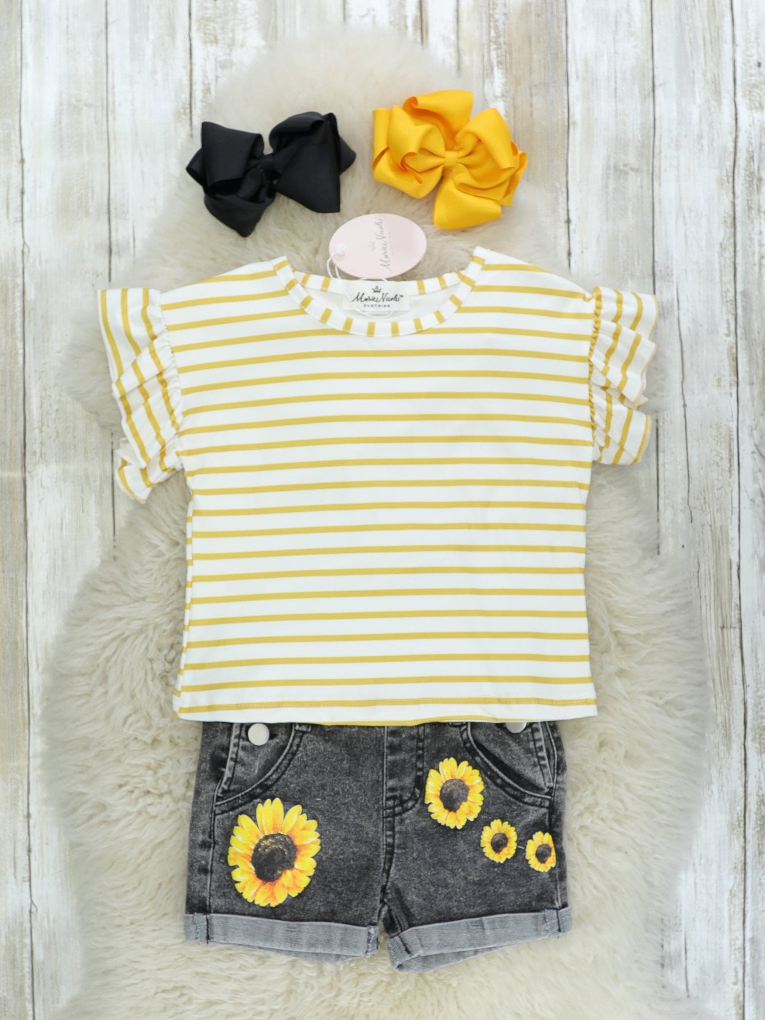 Sunflower Denim Overalls & Striped Top Set - Marie Nicole Clothing