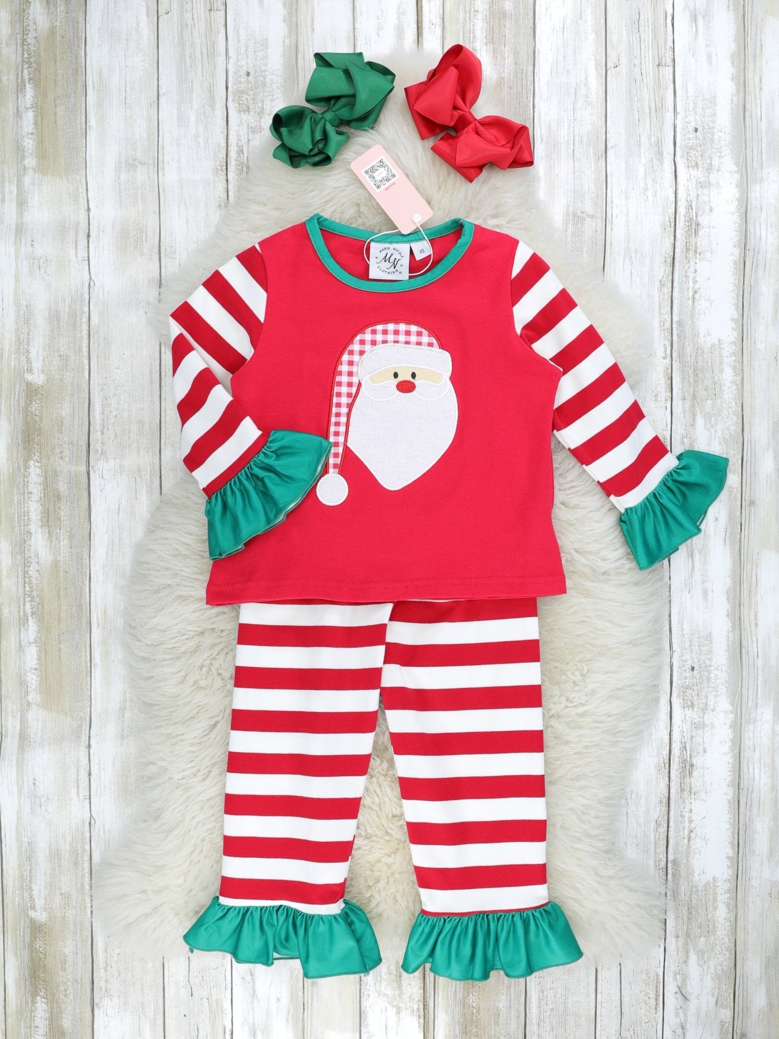 Red Striped Santa Raglan Ruffle Pajamas - Marie Nicole Clothing