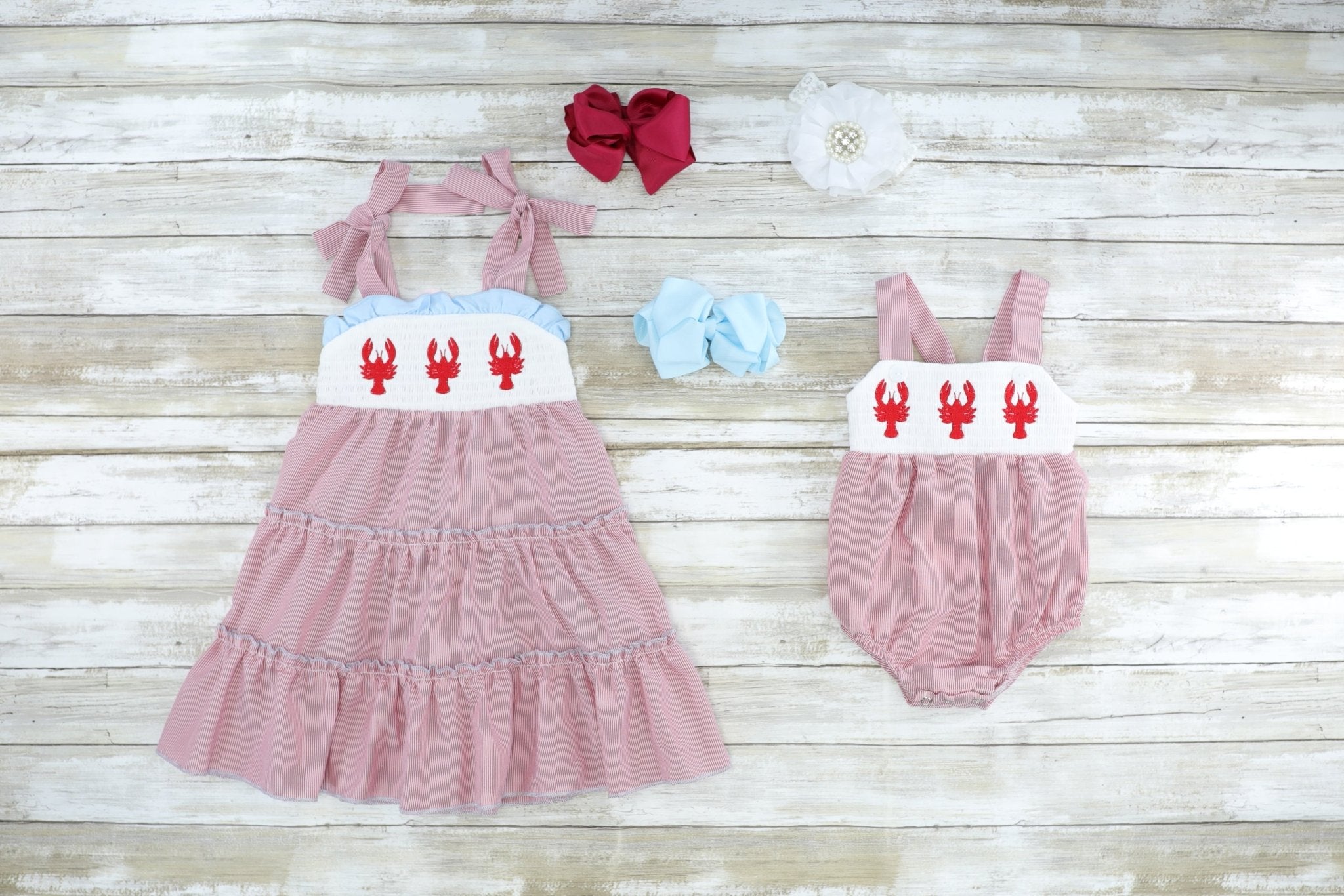 Red Pinstriped Lobster Smocked Bubble Romper - Marie Nicole Clothing