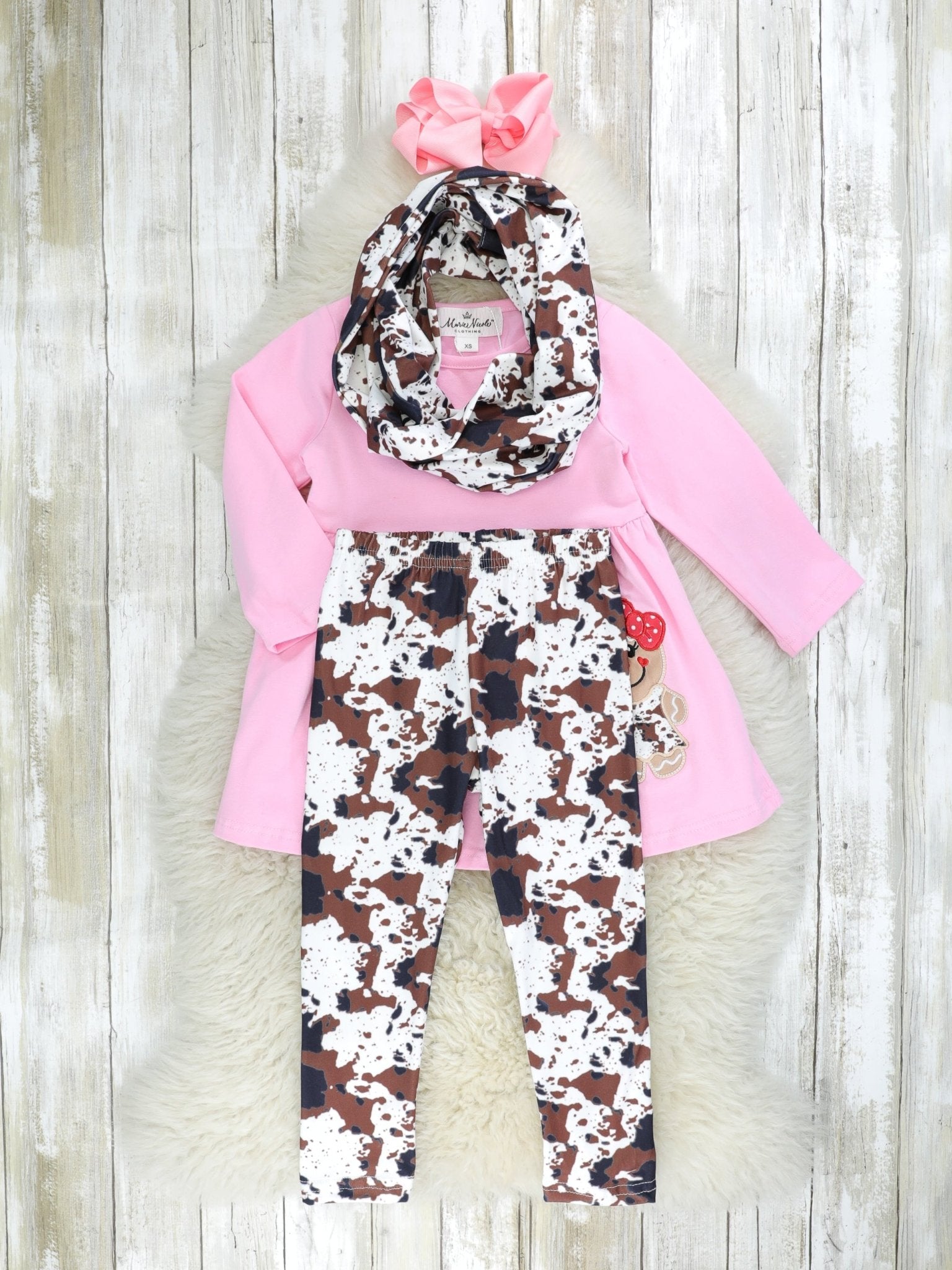Pink Gingerbread Cow Print 3 - Piece Outfit - Marie Nicole Clothing