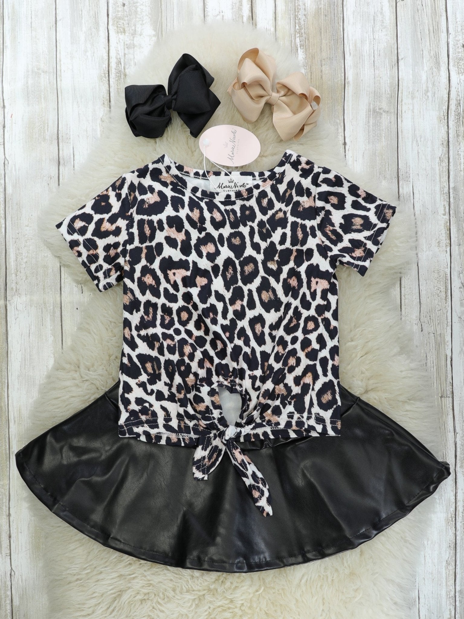 Leopard Tie Top & Faux Leather Skirt - Marie Nicole Clothing