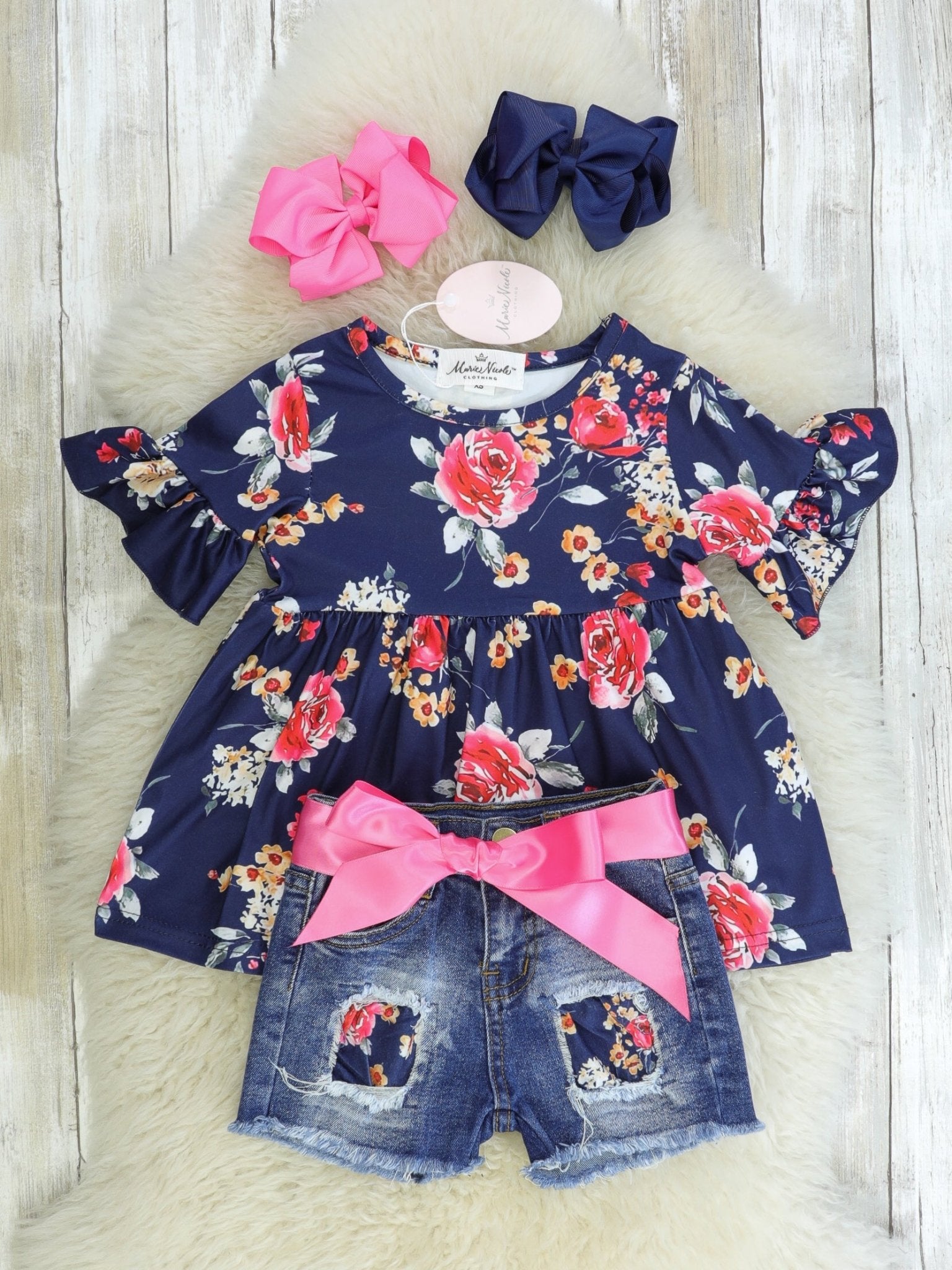 Navy & Pink Floral Tunic & Distressed Denim Shorts Outfit - Marie Nicole Clothing